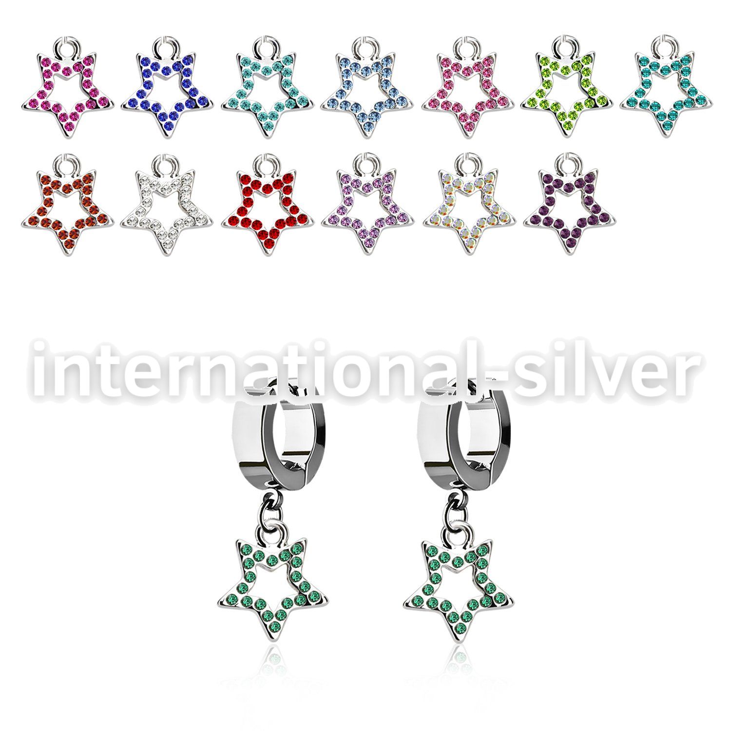 erhsar5 steel huggies earrings w dangling crystal star shape