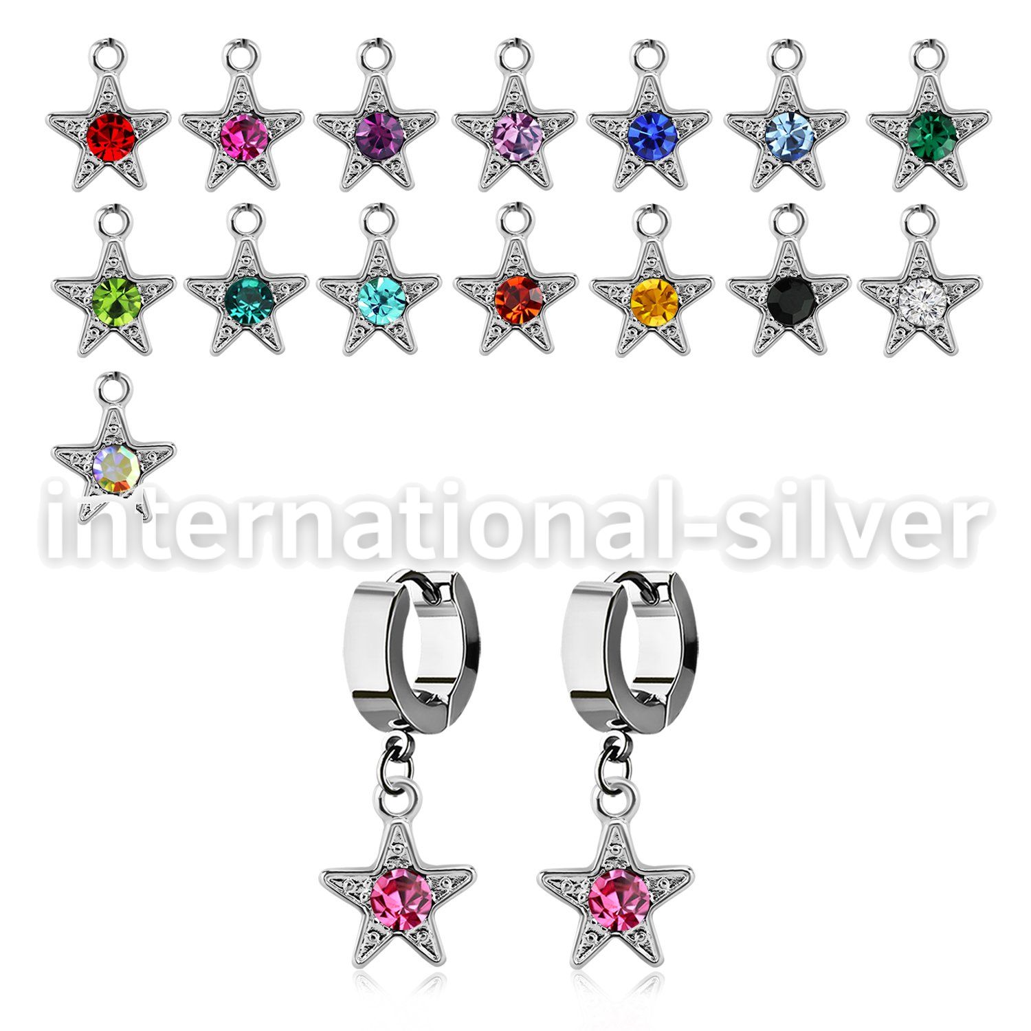 erhsar steel huggies earrings w dangling star w central crystal