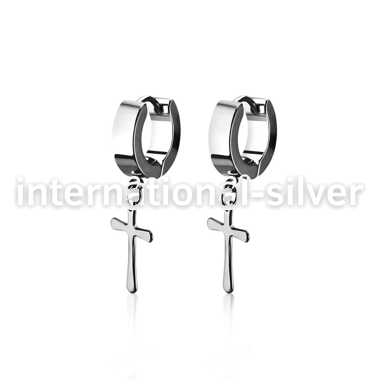 erhscrs steel huggies earrings w dangling small steel cross