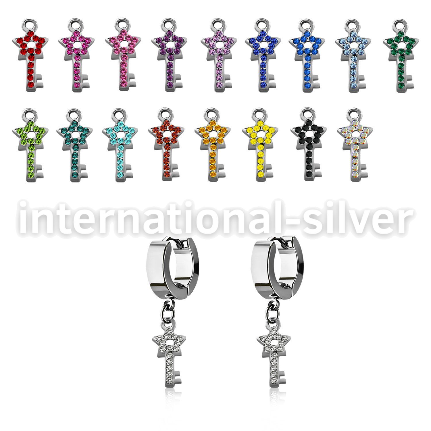 erhstky steel huggies earrings w dangling star key w crystals