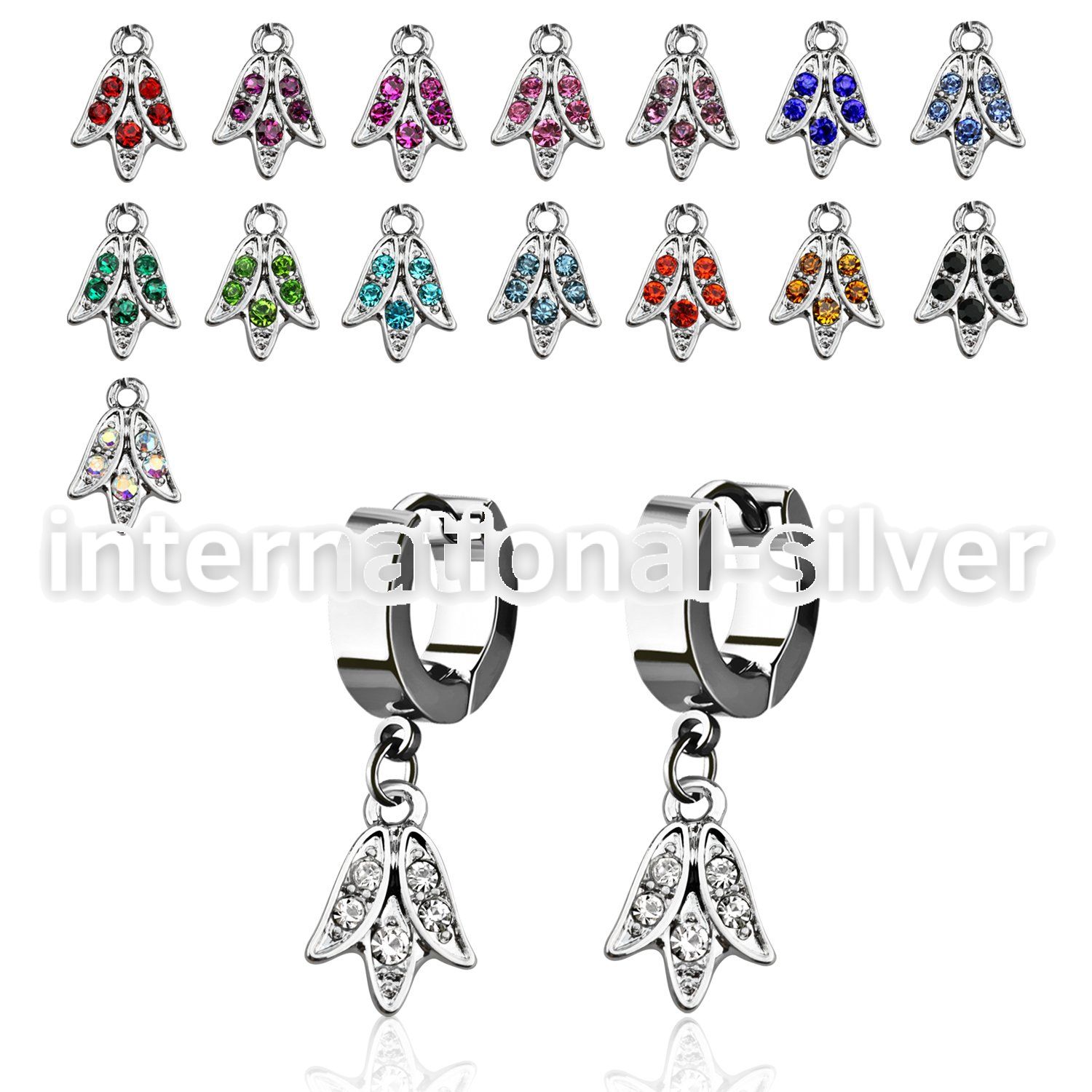 erhtu1 steel huggies earrings w dangling crystal tulip flower
