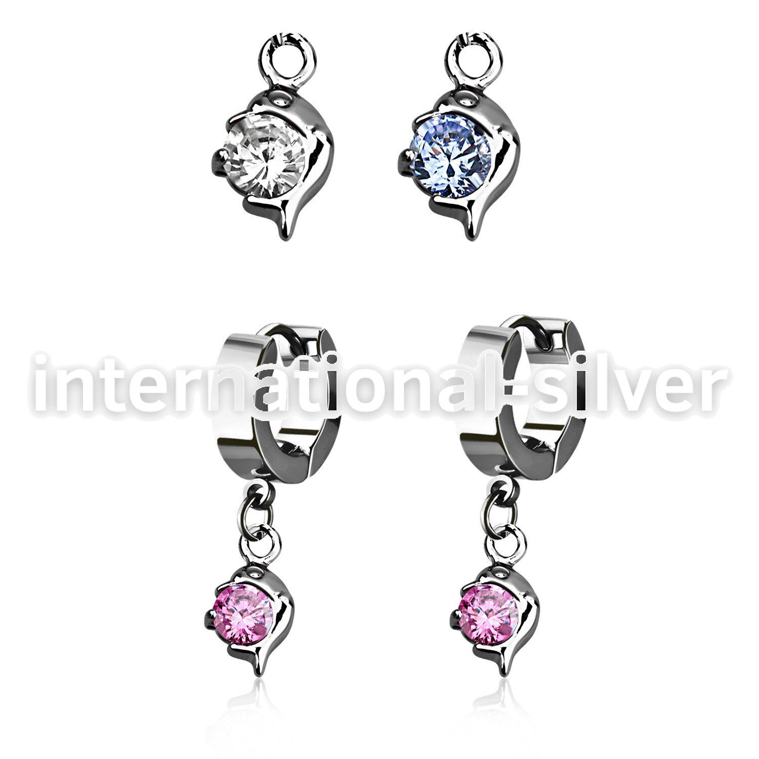 erhz10 steel huggies earrings w dangling small dolphin w cz