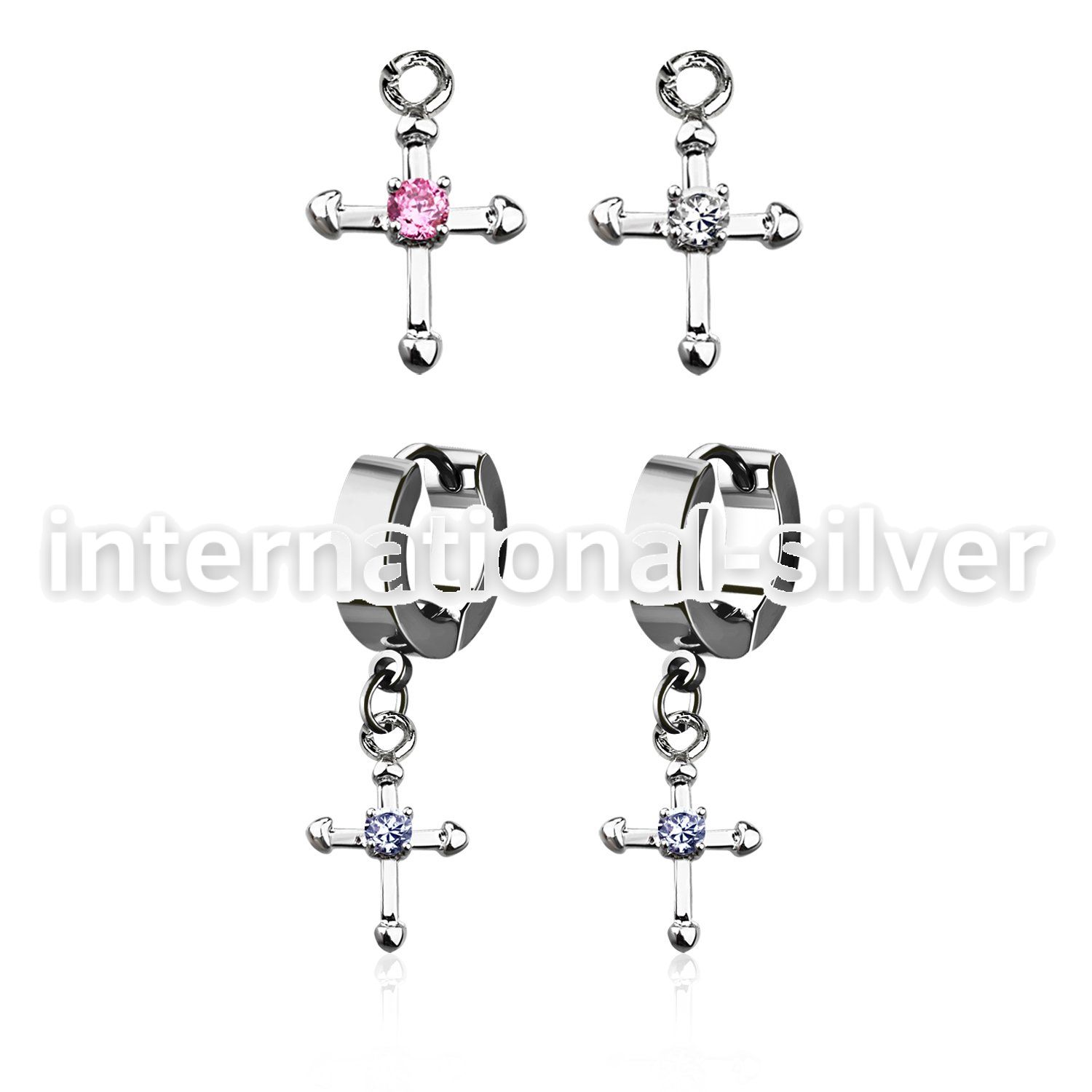erhz14s steel huggies earrings w small dangling cross w tiny cz
