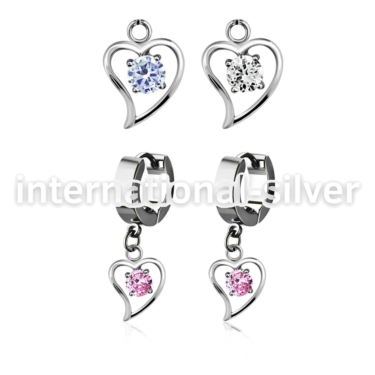 erhz17 steel huggies earrings w round cz inside heart dangling