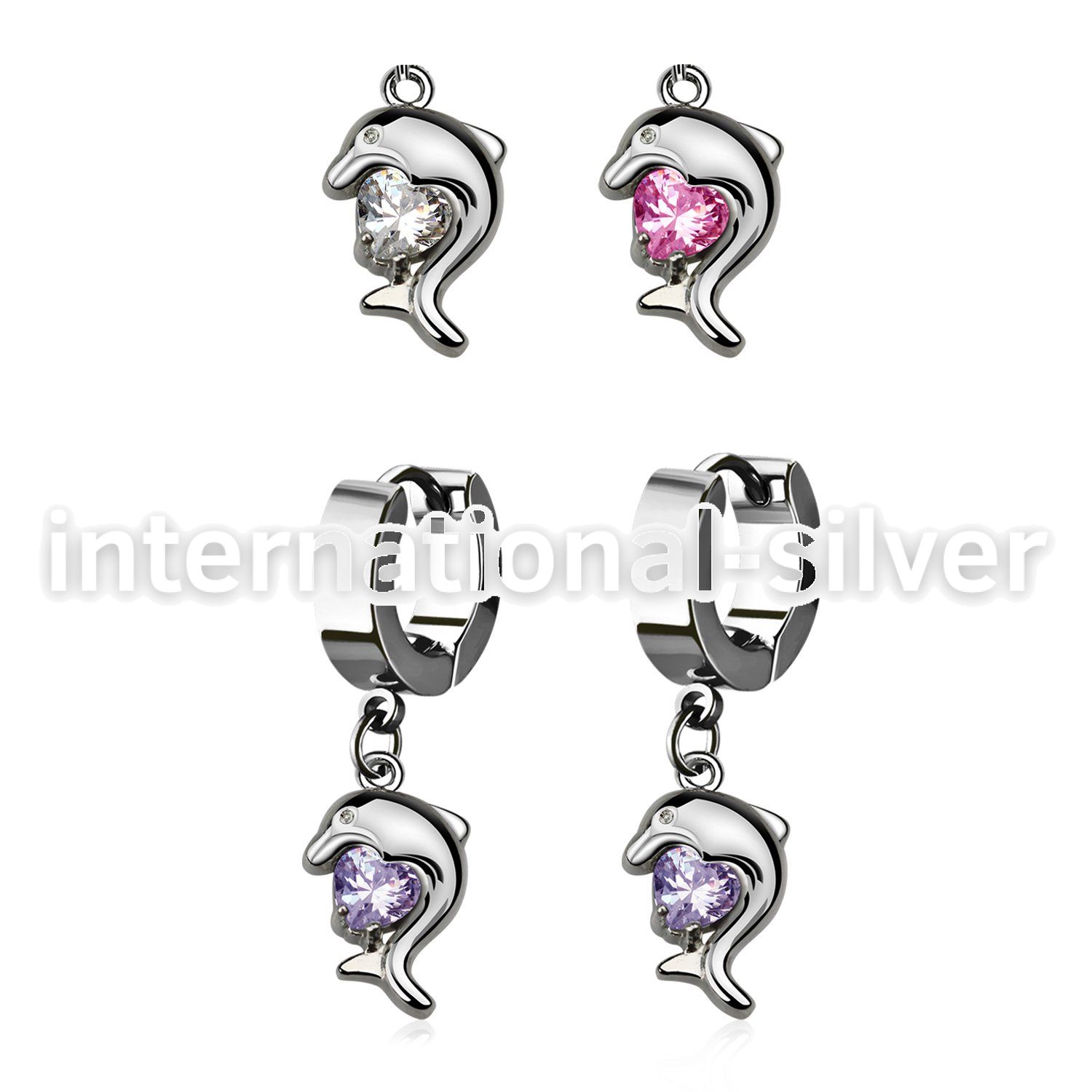 erhz300 steel huggies earrings w dangling dolphin design w cz