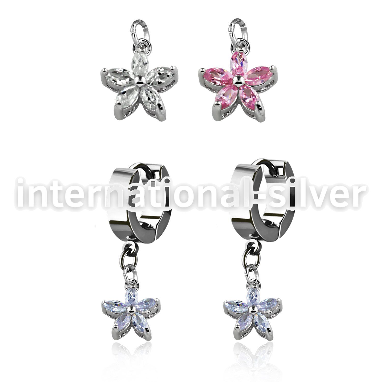 erhz319 steel huggies earrings w dangling flower w cz petals