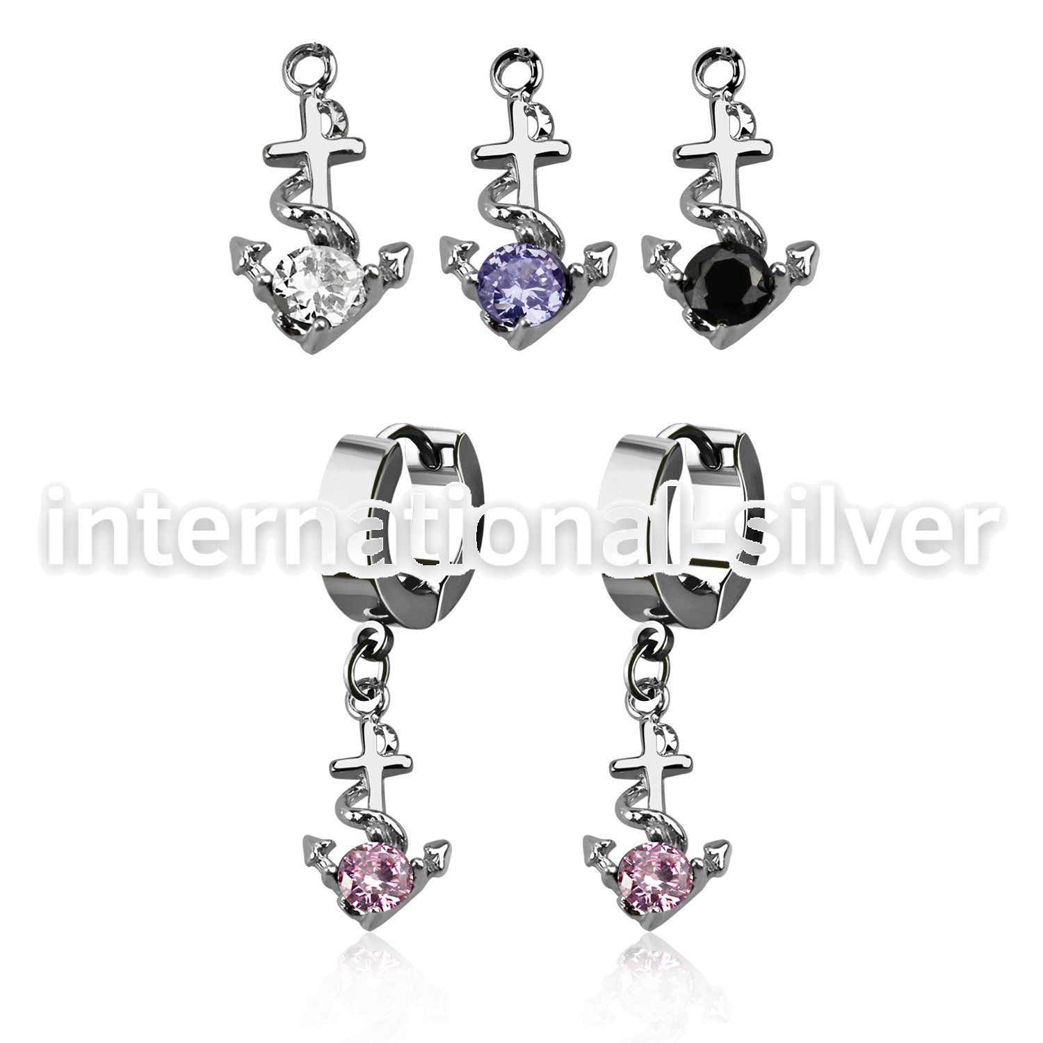 erhz371 steel huggies earrings w dangling anchor w round cz