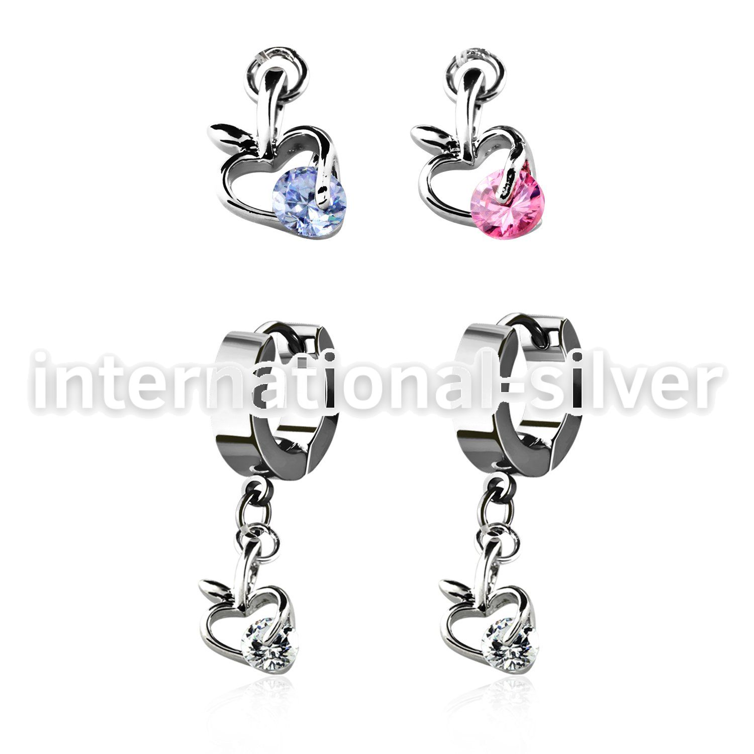 erhz374 steel huggies earrings w dangling apple design w cz