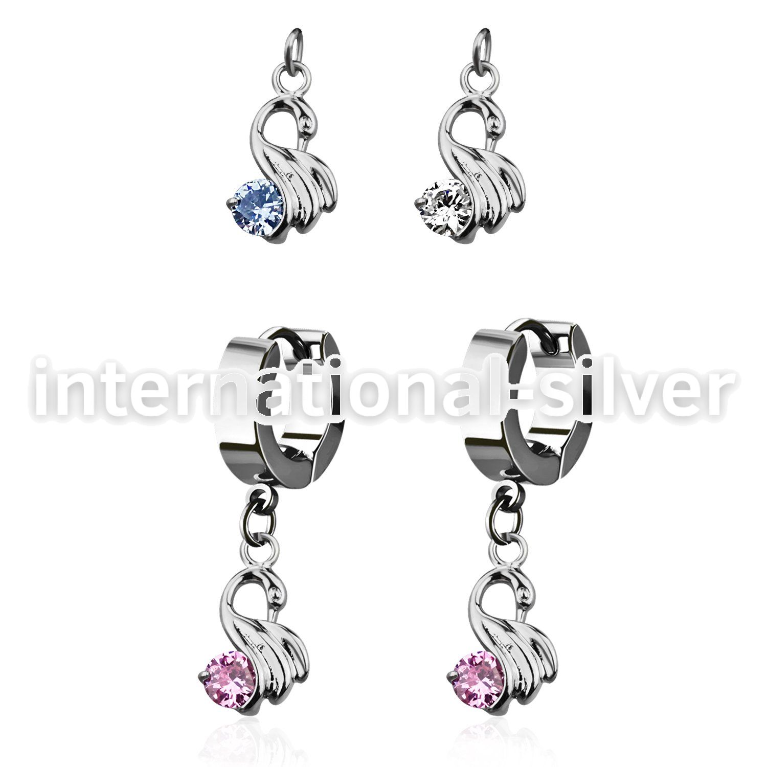 erhz375 steel huggies earrings w dangling little swan w round cz