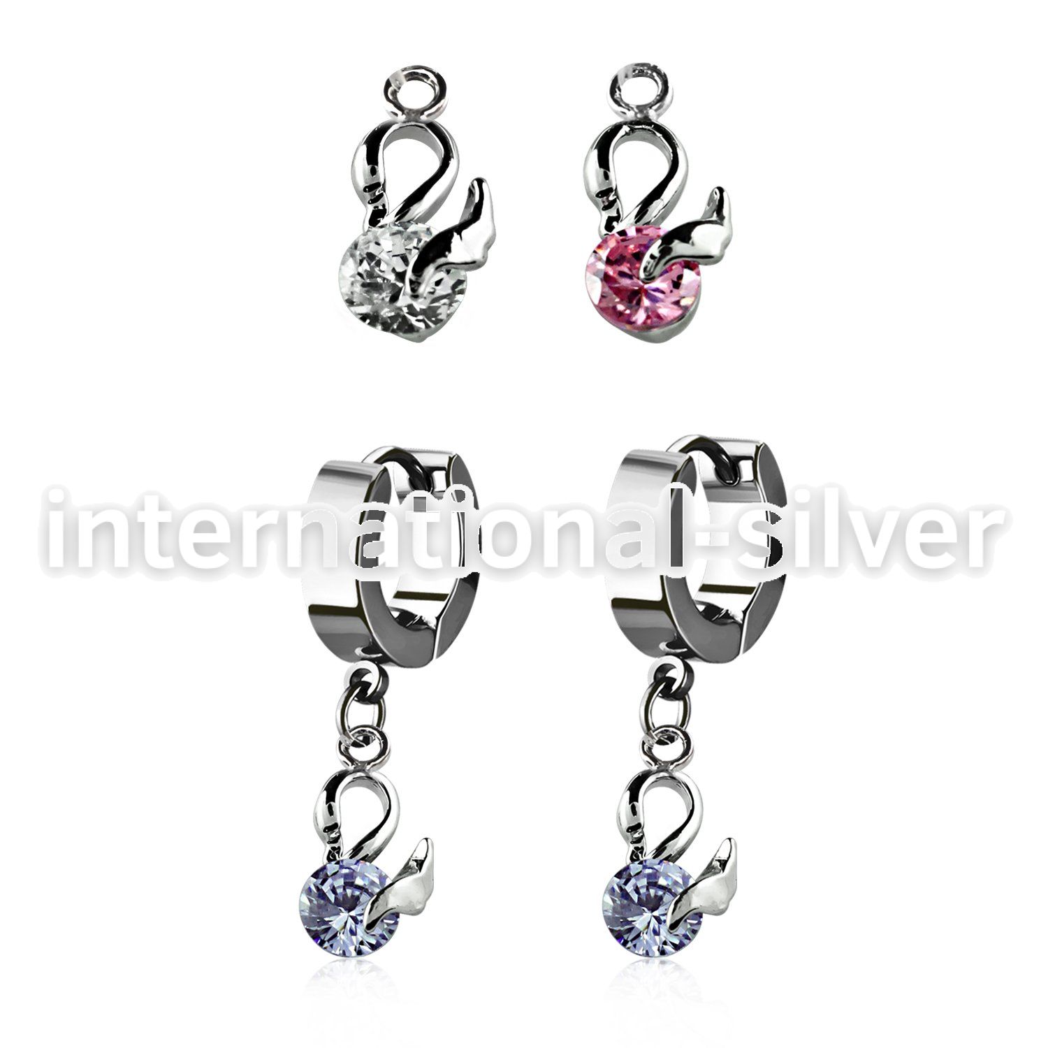 erhz376 steel huggies earrings w dangling swan design w round cz