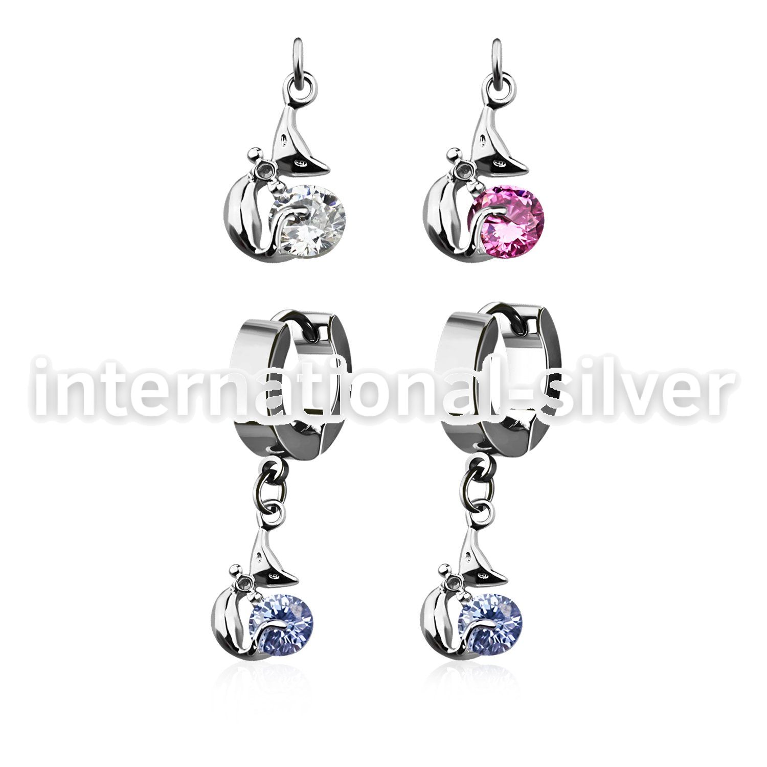 erhz378 steel huggies earrings w dangling lady cat design w cz