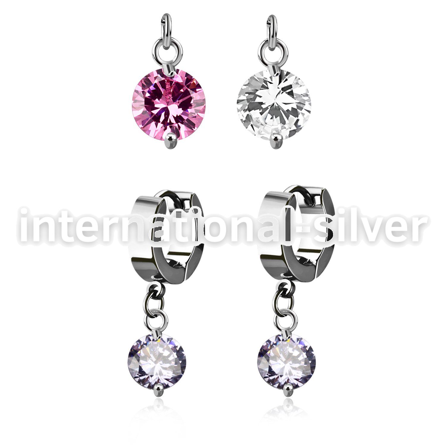 erhz383 steel huggies earrings w dangling twin prong set 10mm cz