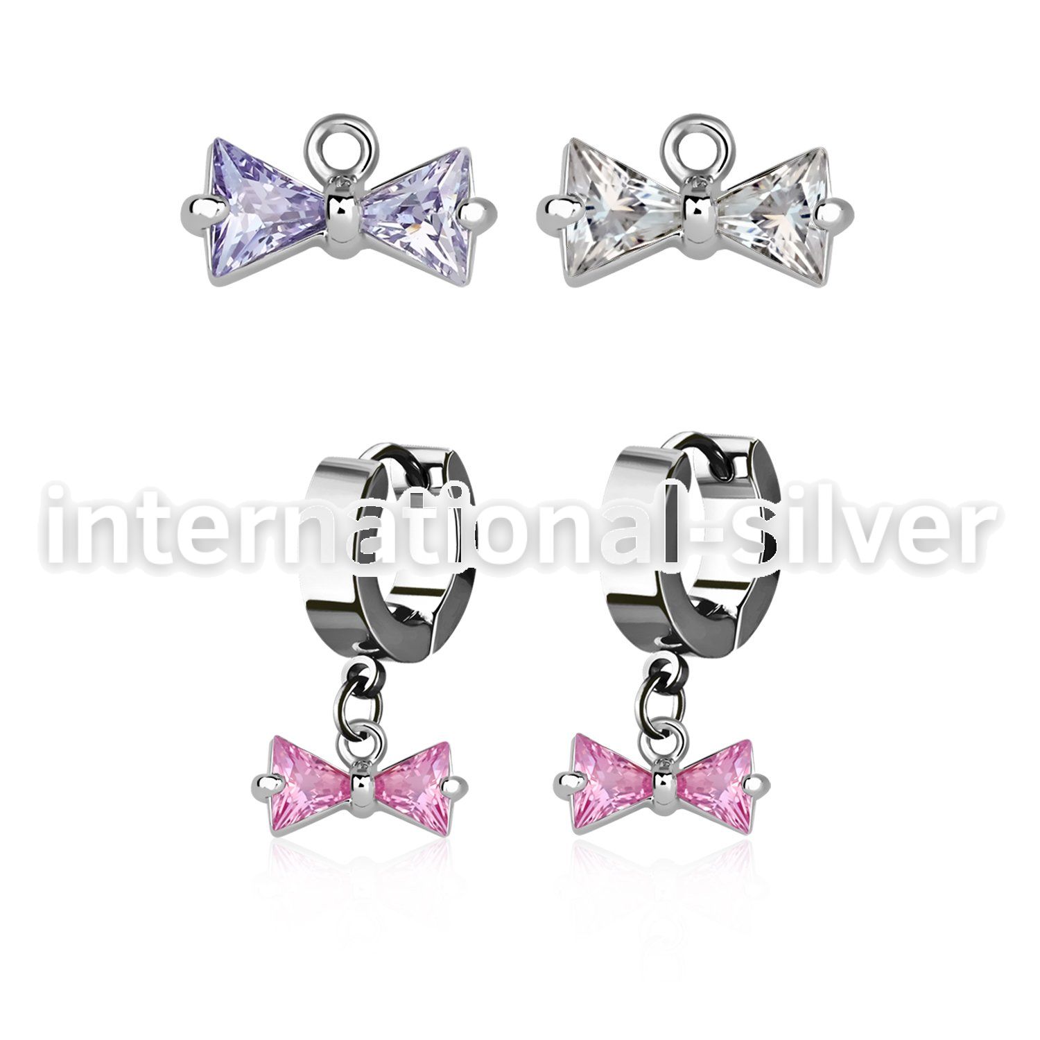 erhz408 steel huggies earrings w dangling prong set cz bow