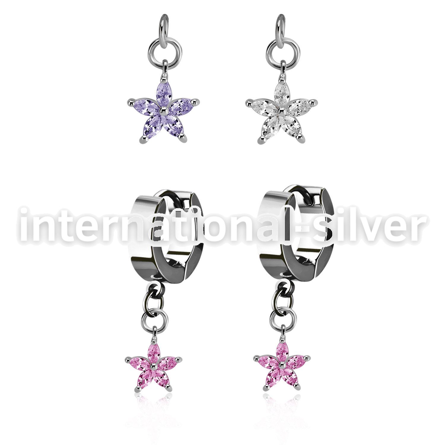 erhz413 steel huggies earrings w dangling flower w prong set cz