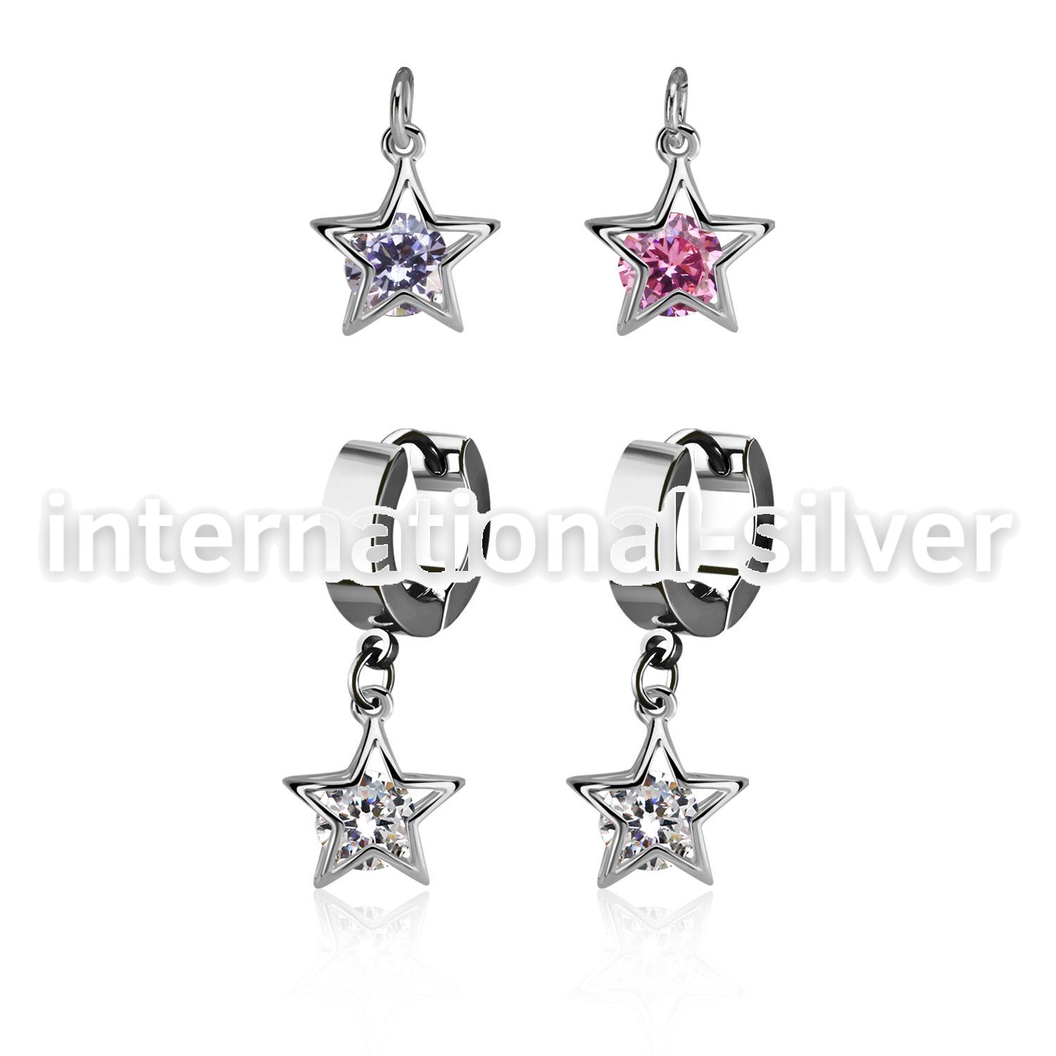 erhz414 steel huggies earrings w dangling star shape w round cz