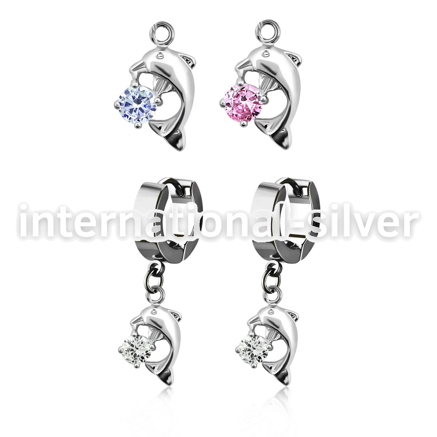 erhz7 steel huggies earrings w dangling dolphin w round cz