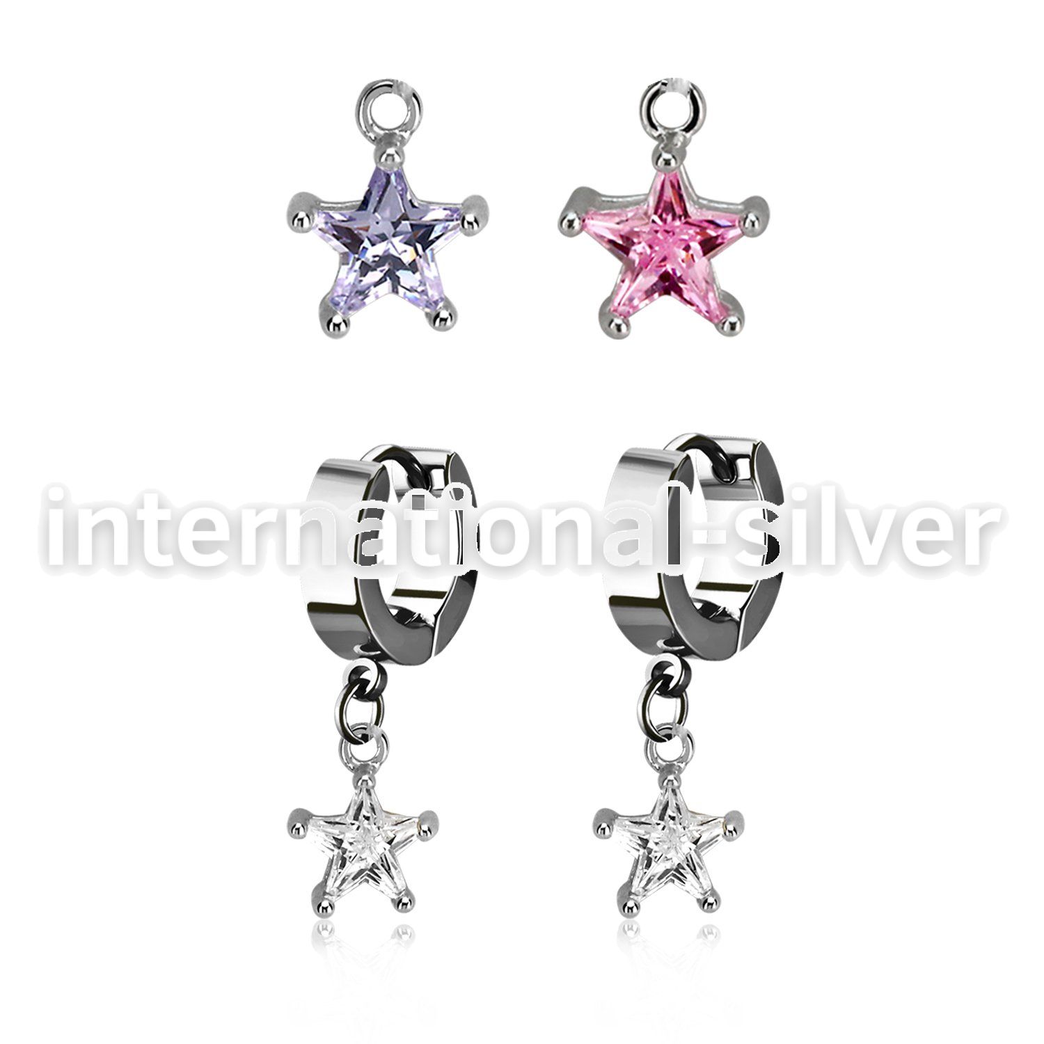 erhzs6 steel huggies earrings w dangling 6mm star shaped cz