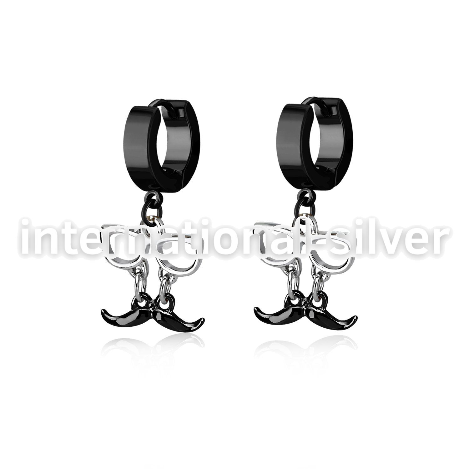 erk507 black steel huggies earrings w dangling black mustache