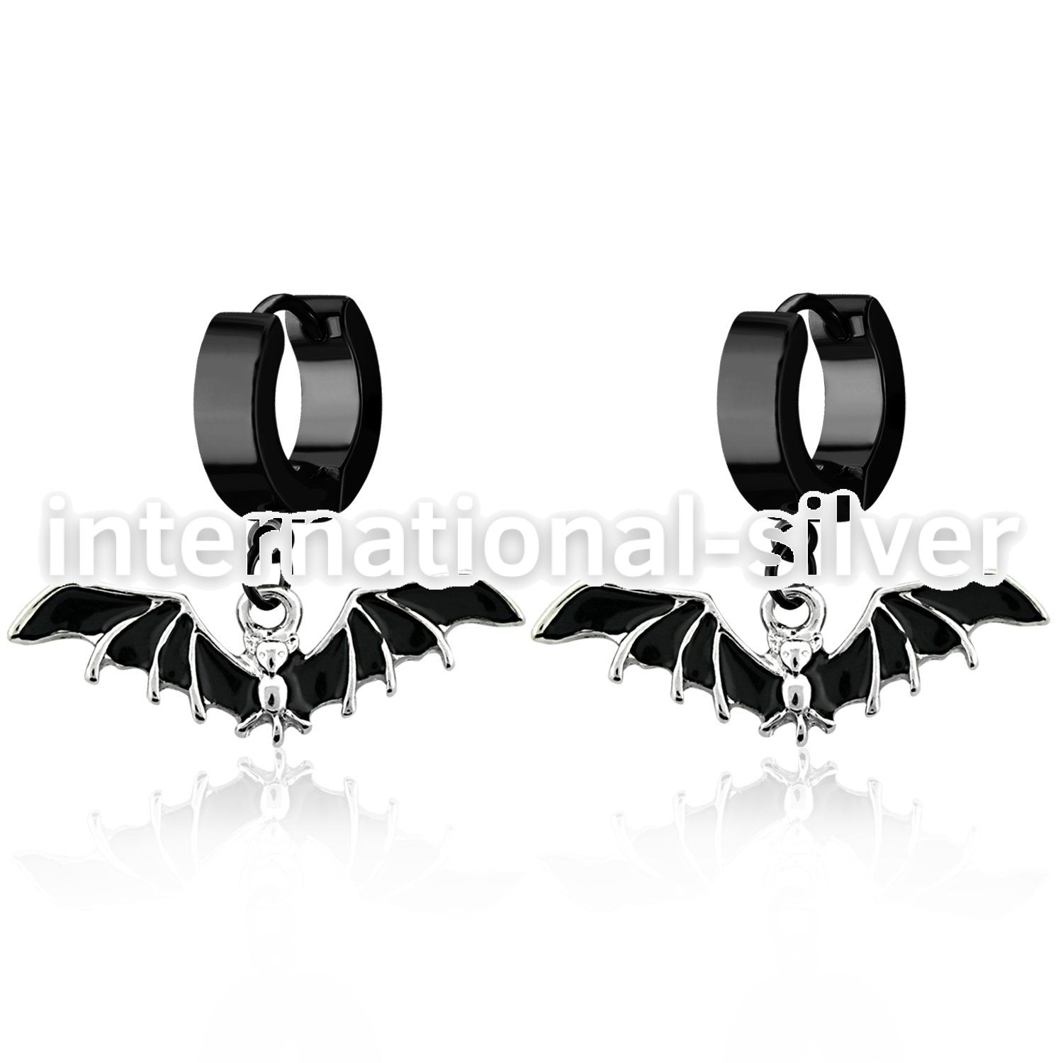 erk569 black steel huggies earrings w dangling black bat
