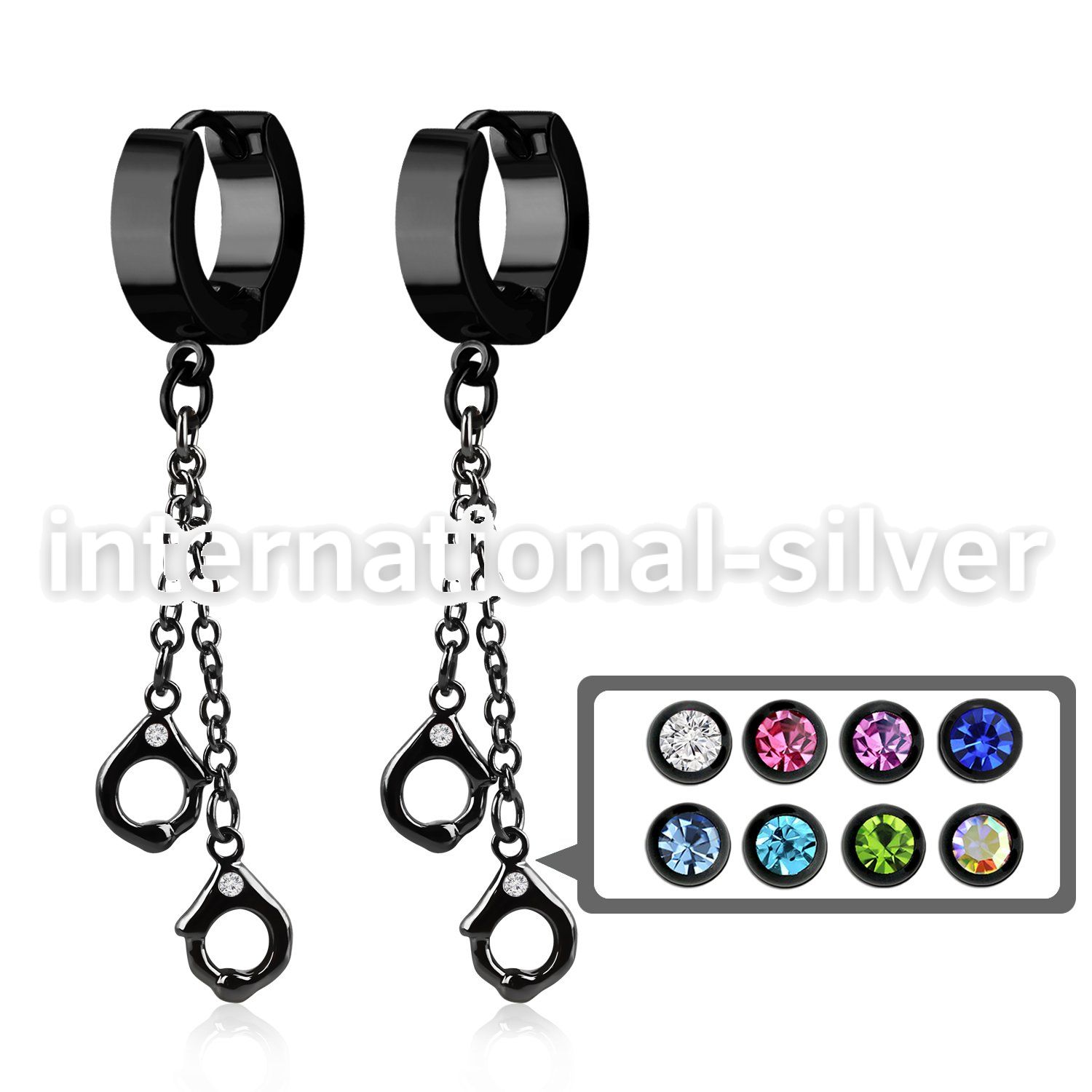 erk652 black steel huggies earrings w dangling handcuffs