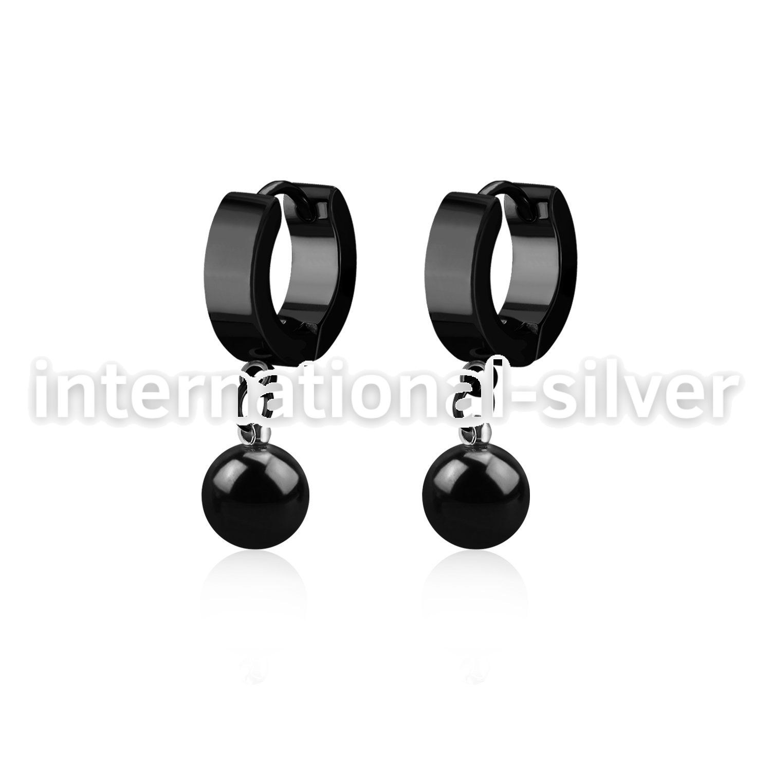 erkbt8 black steel huggies earrings w dangling 8mm ball
