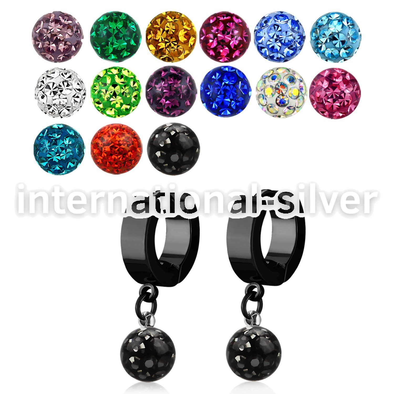 erkfr8 black steel huggies w dangling 8mm multi crystal ball