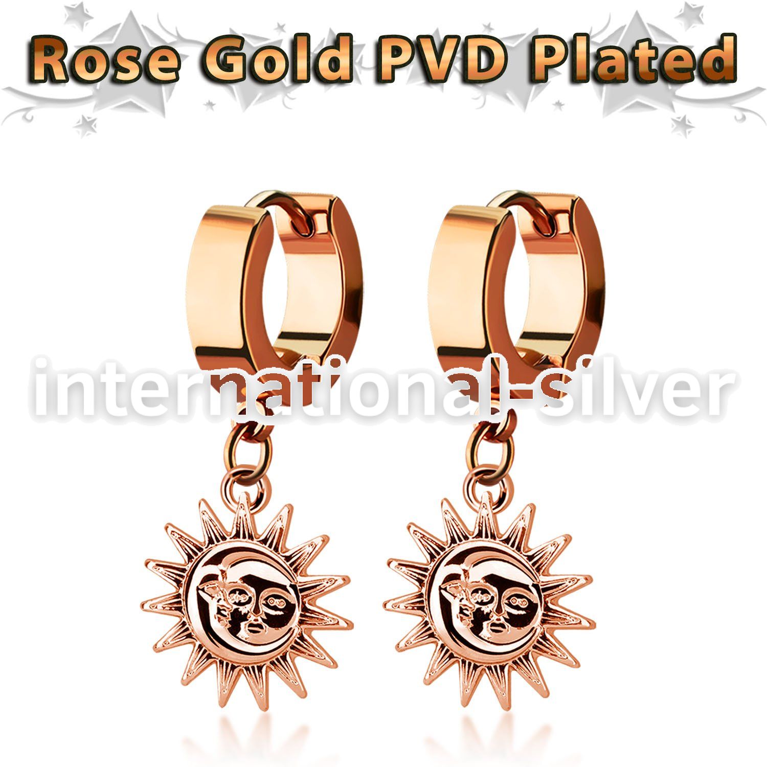 err726 rose gold stainless steel huggie earring w dangling sun 