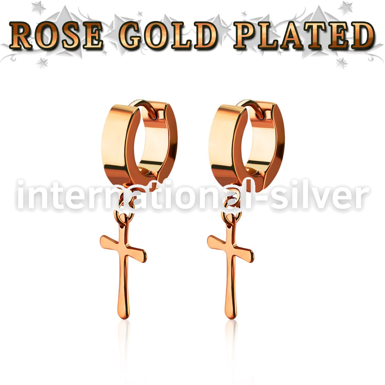 errcrs rose gold steel huggies earrings w dangling plain cross