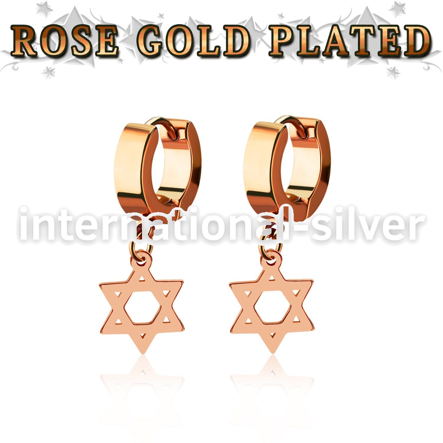 errdsr rose gold steel huggies earrings w dangling david star