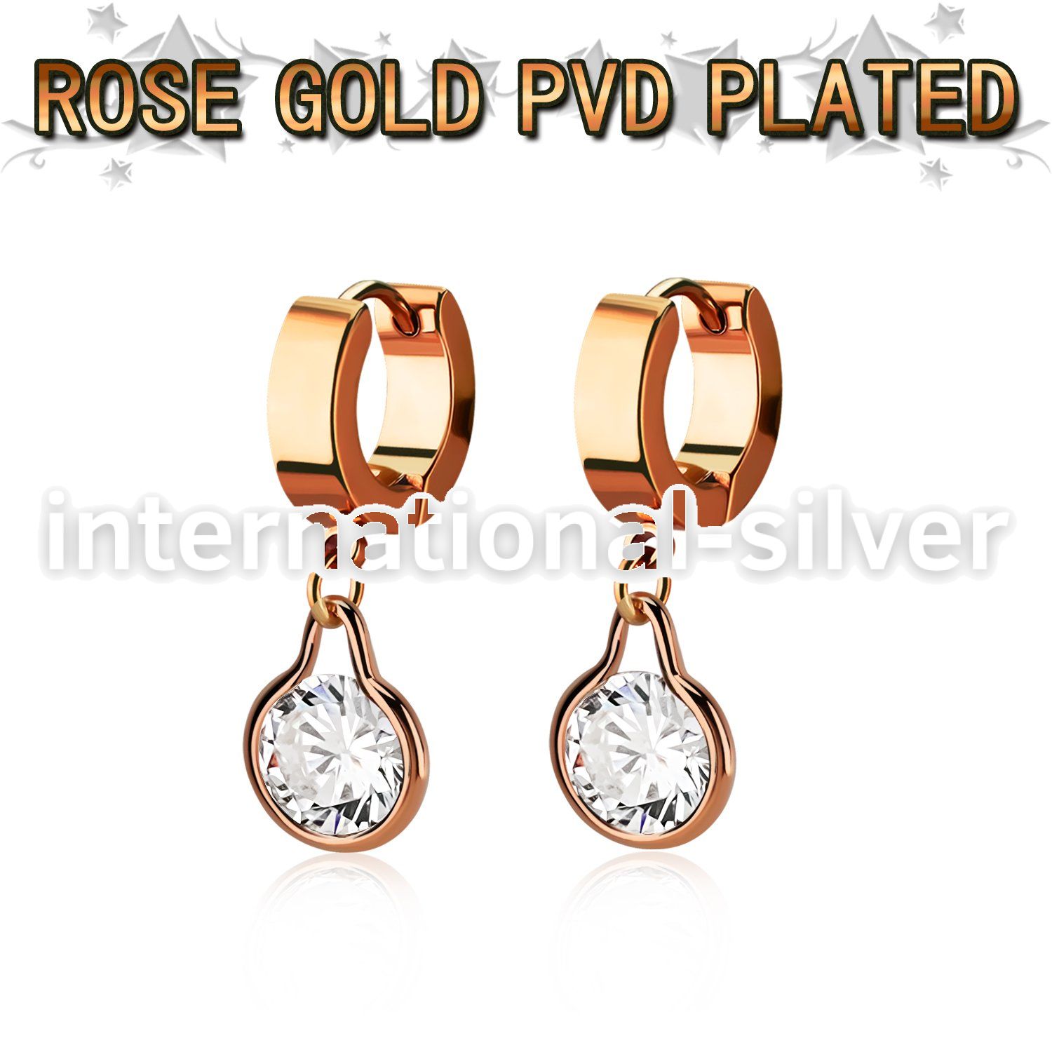 errz417 rose gold tainless steel huggies w dangling round cz
