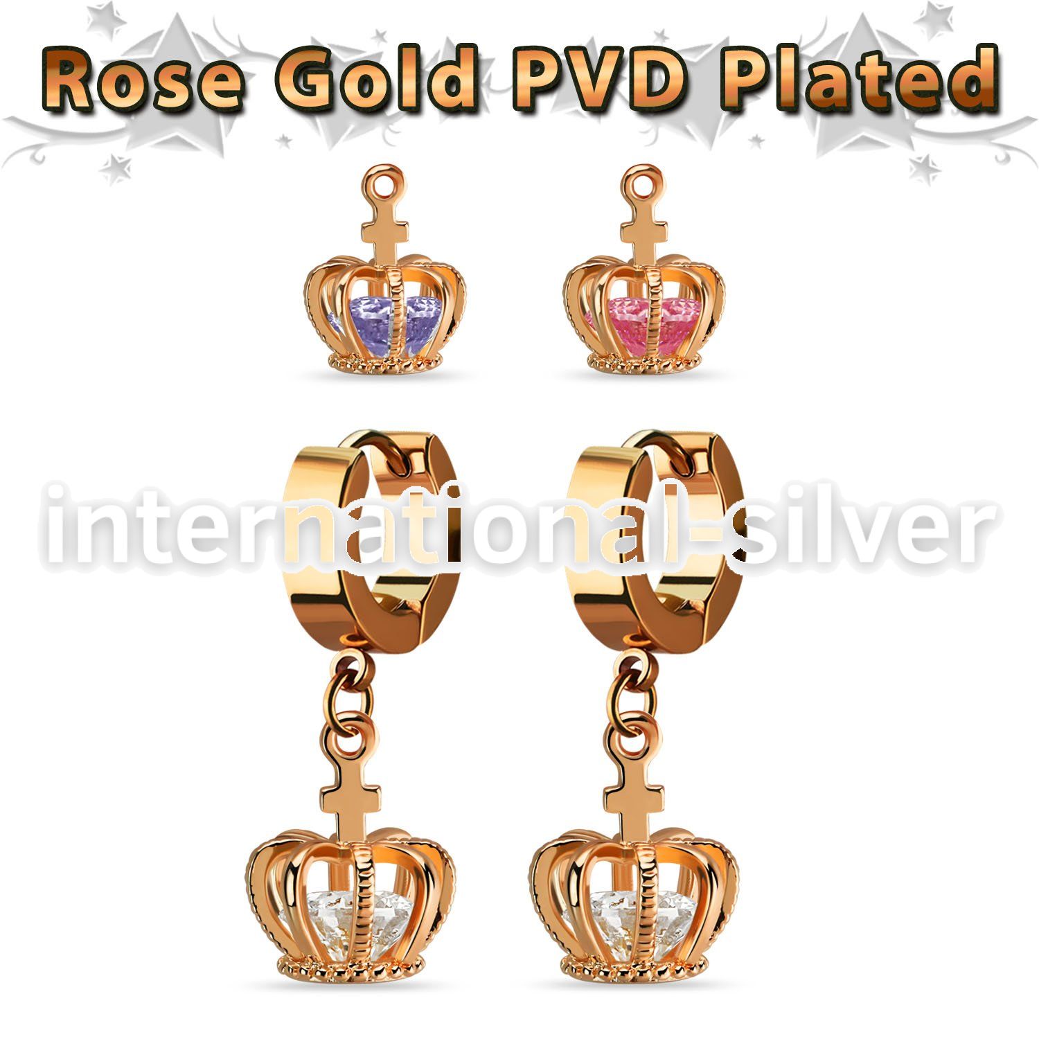 errz590 rose gold stainless steel huggie w dangling crown w cz