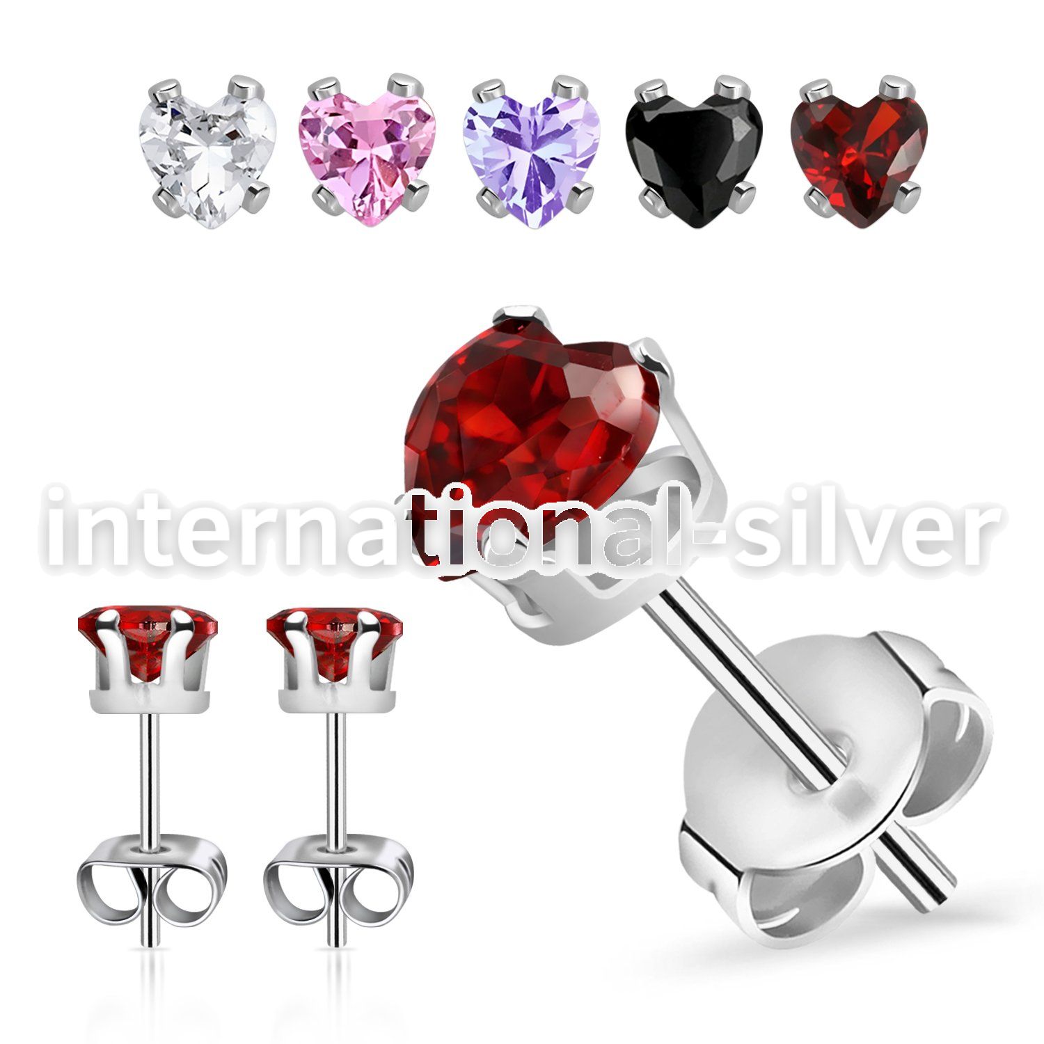 erzhtm steel earring studs heart color cz prong set one pair