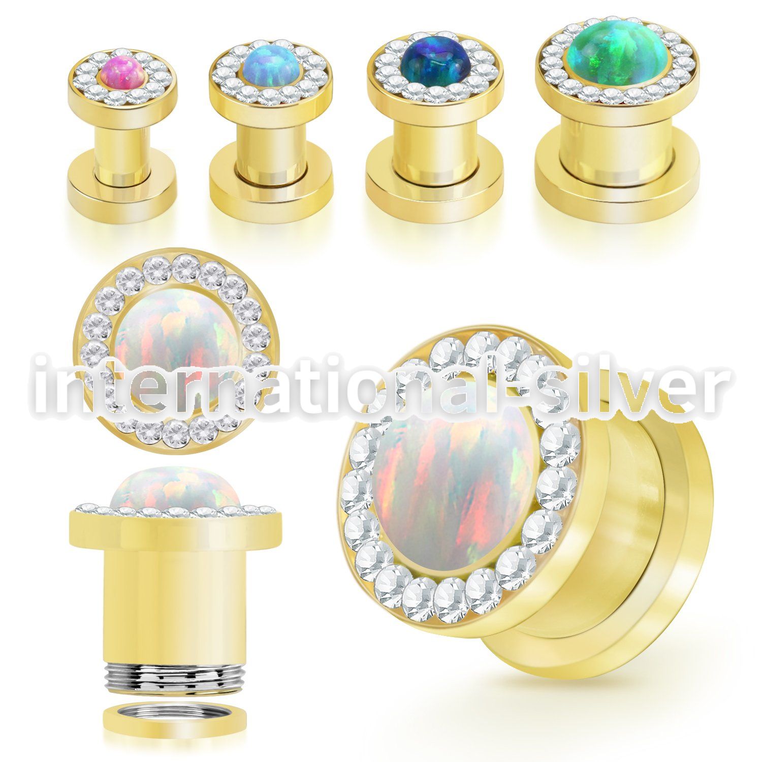 fgscpco gold pvd screw fit steel tunnel synthetic opal