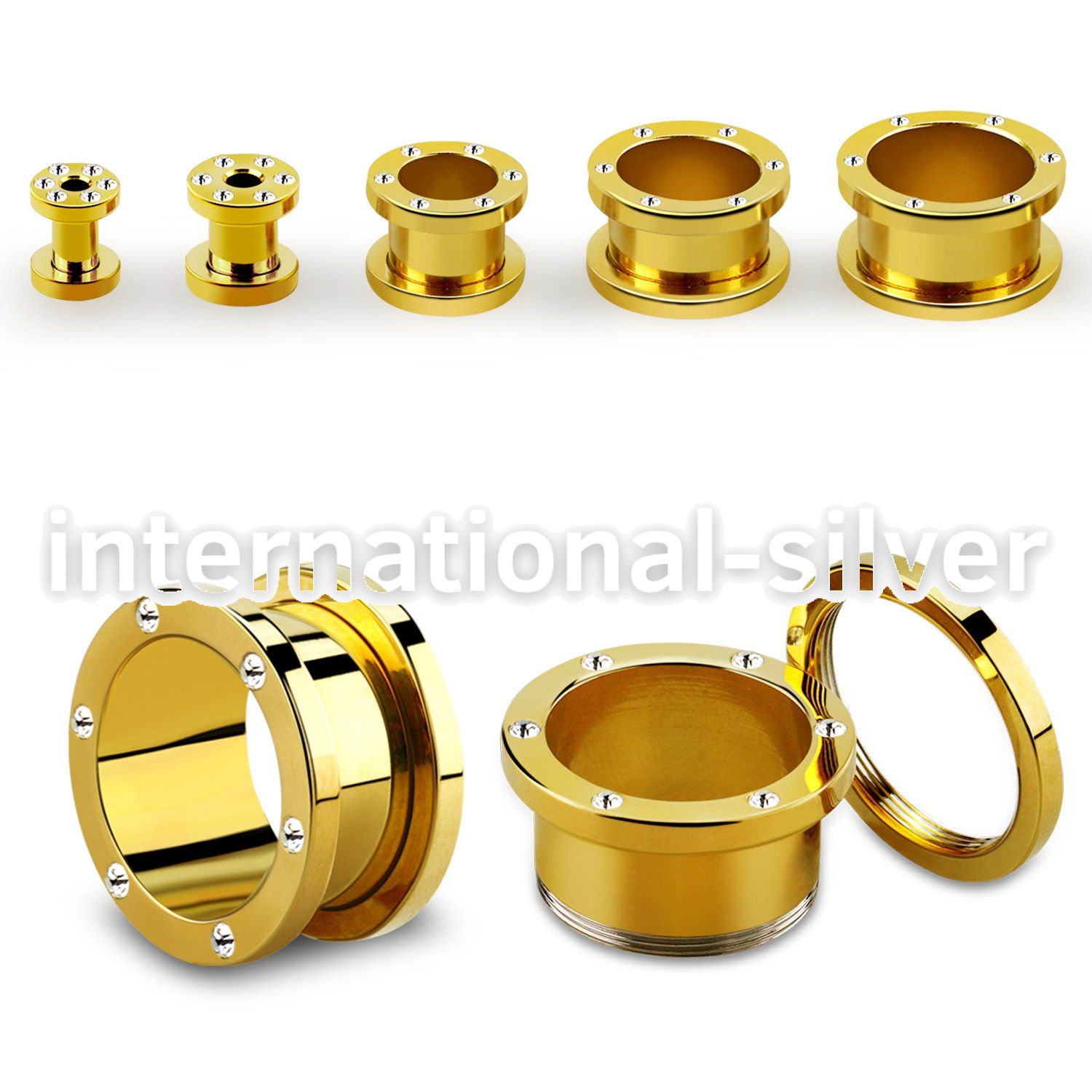 fsjg gold anodized steel screw fit flesh tunnel w crystal