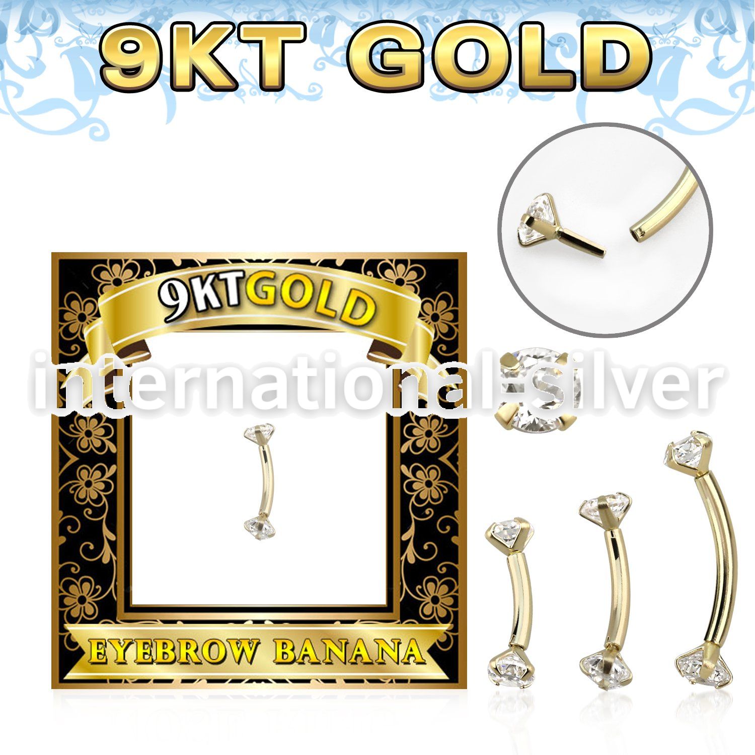 g9bnz 9kt yellow gold curved barbell threadless push in cz