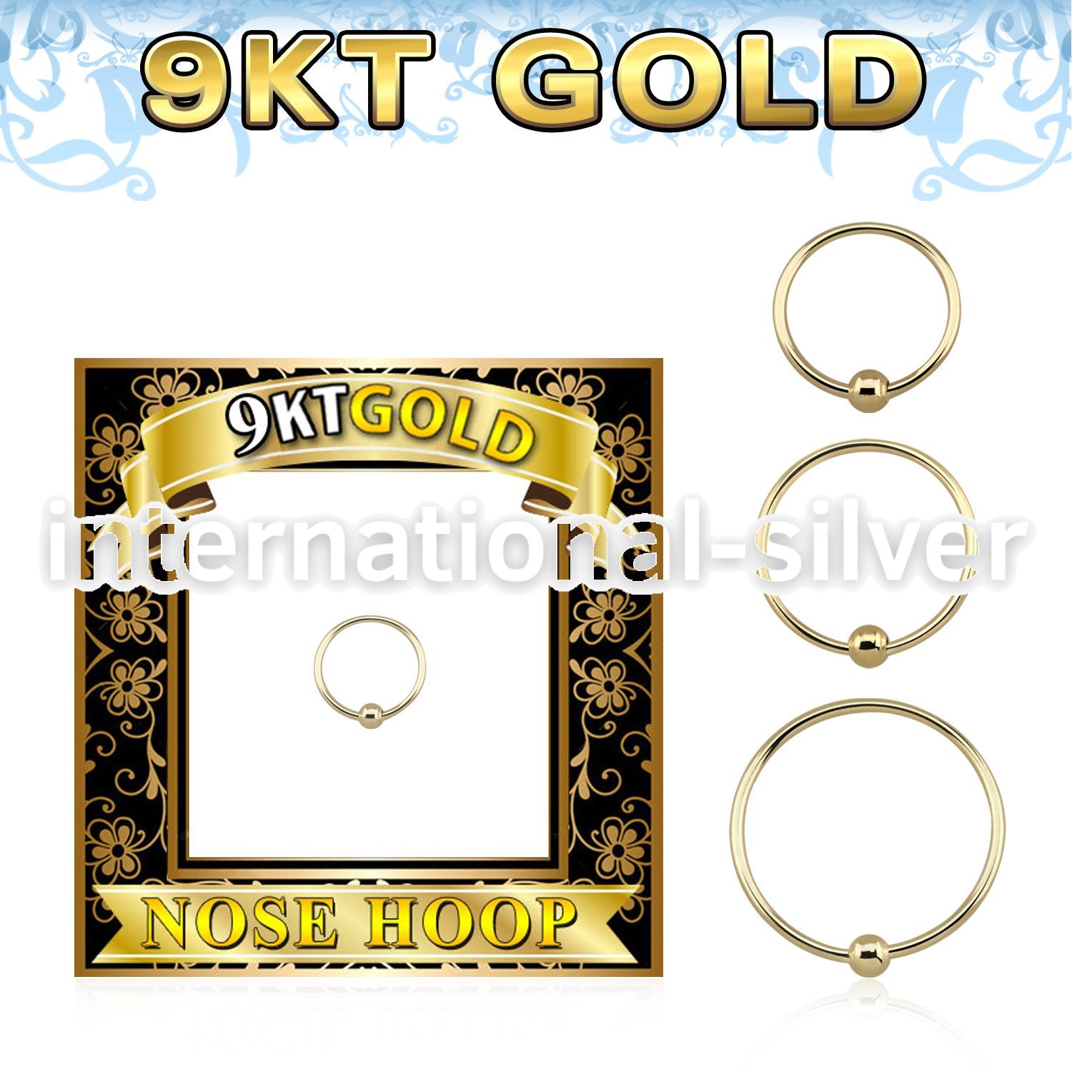 g9hob 9karat yellow gold fixed bead nose ring hoop 2mm ball