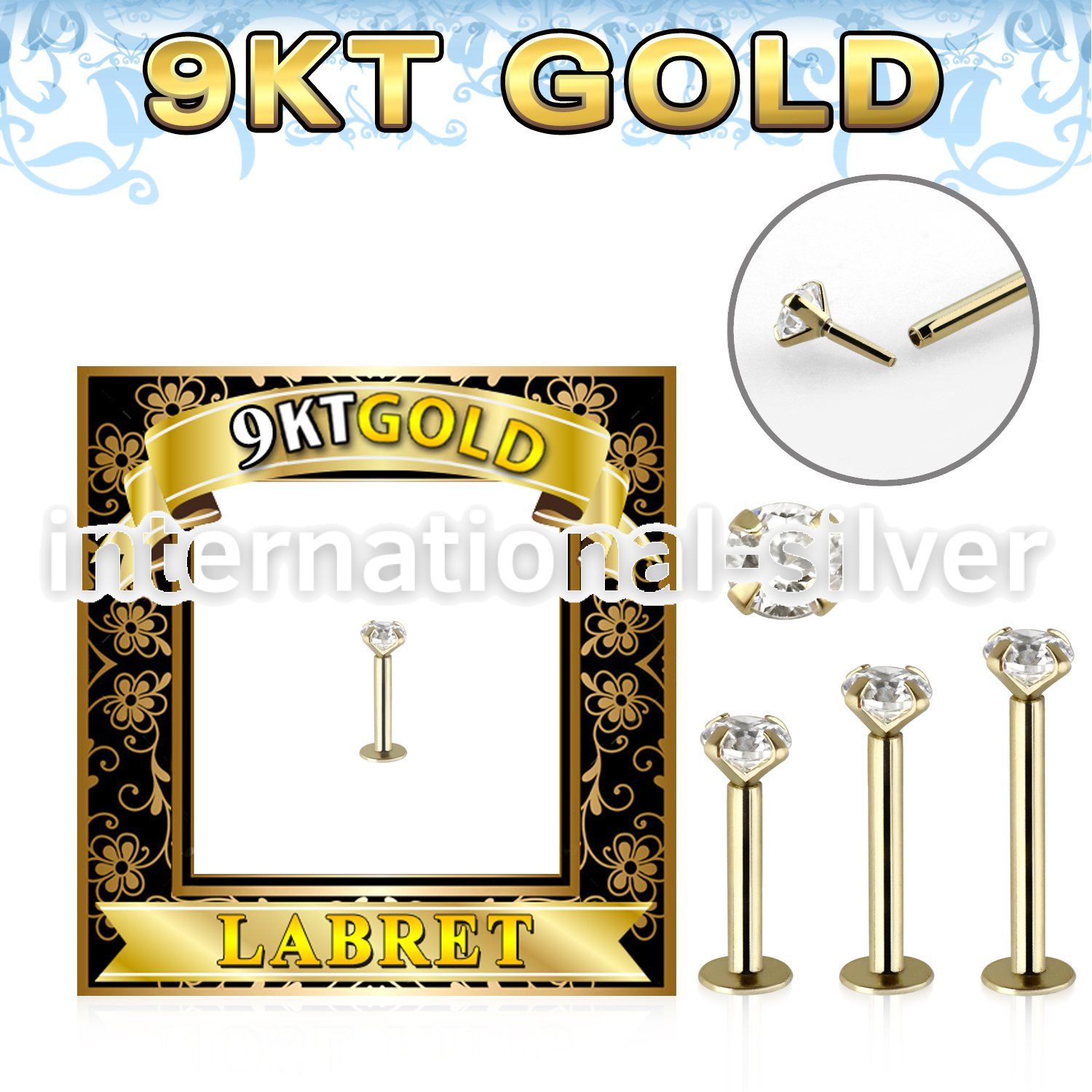 g9lbz 9kt yellow gold labret stud 16g threadless push in cz