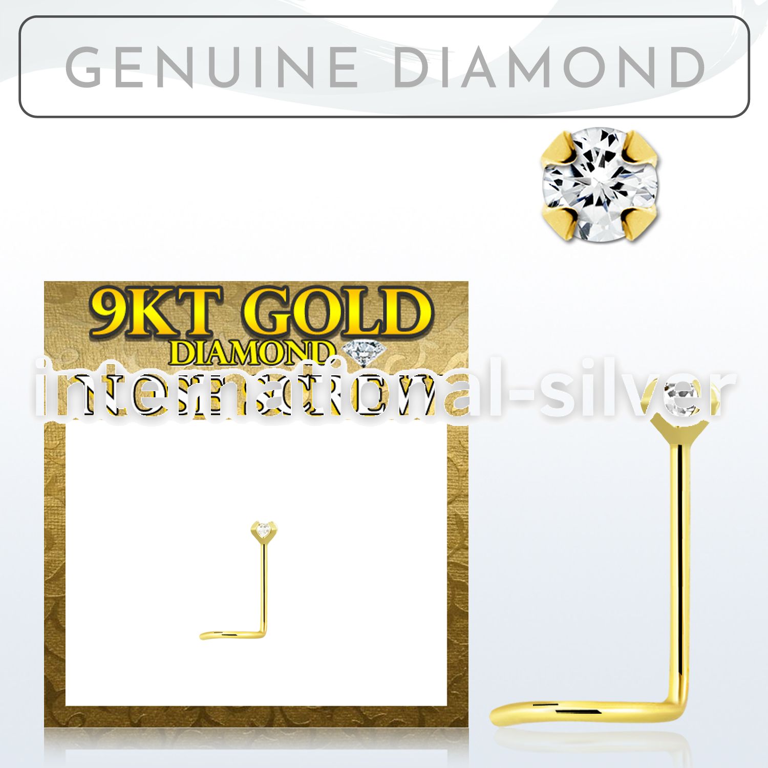 g9scdb2 genuine diamond 9karat gold nose screw stud 2mm prong set round diamond