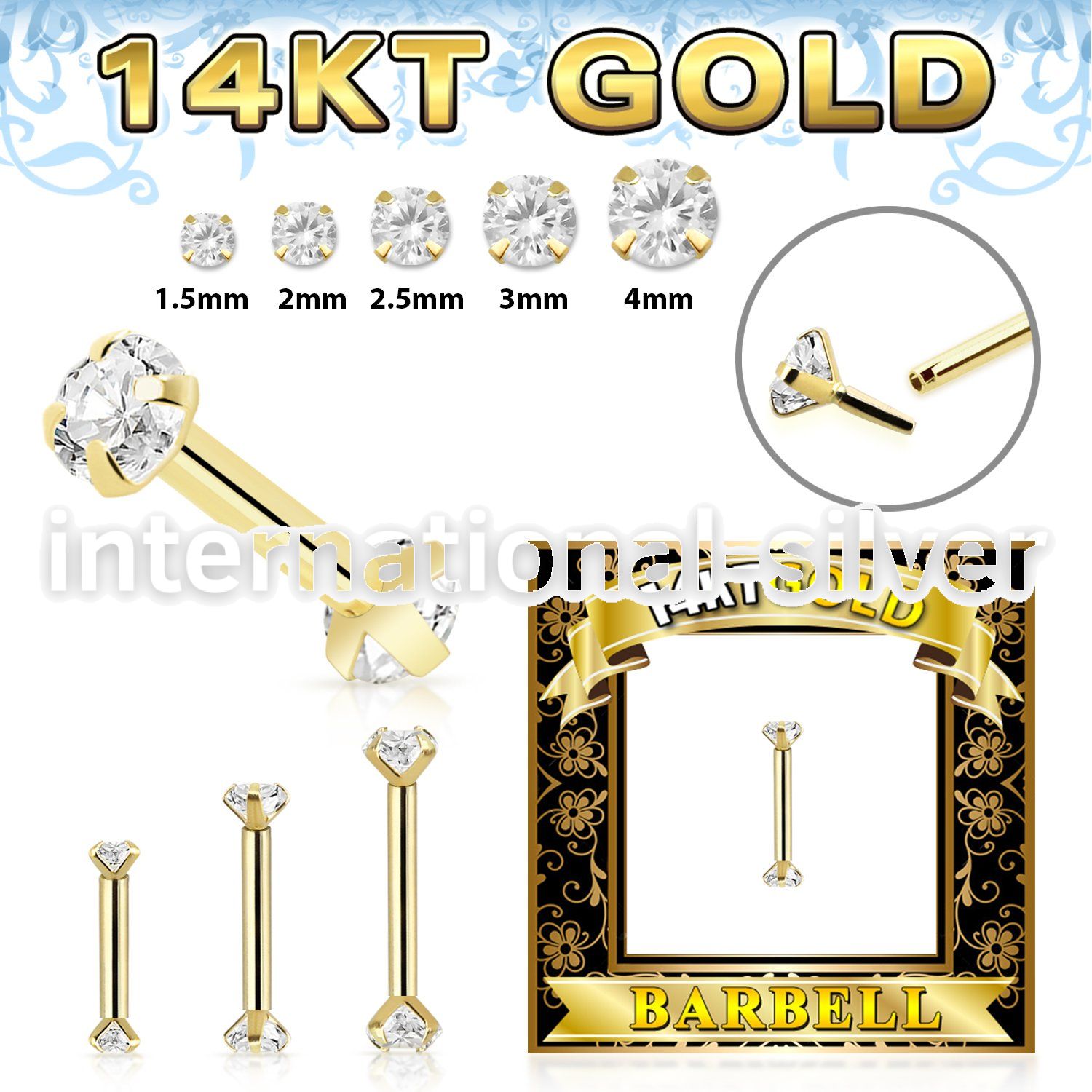 gbbz 14 k gold threadless push in barbell 16g cz prong set