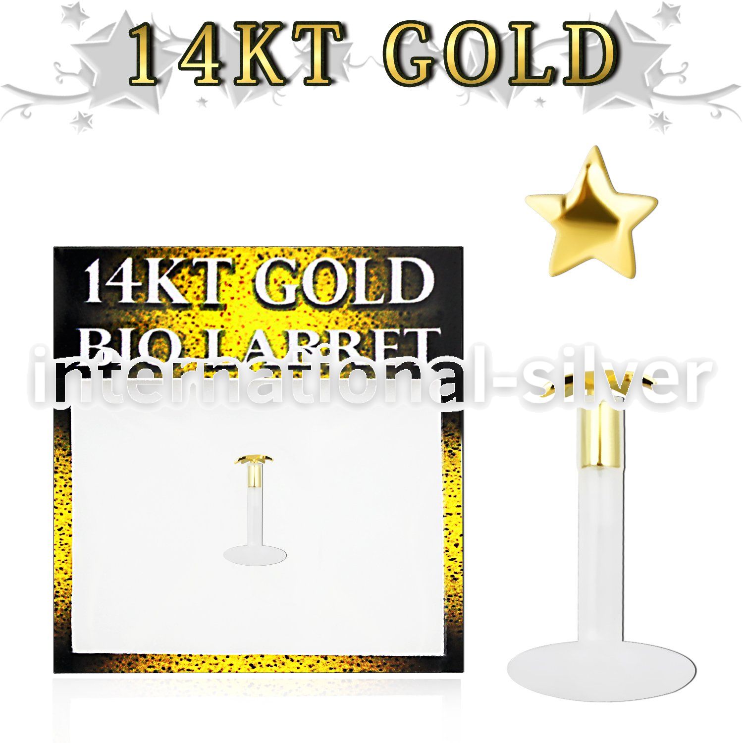 gbist clear bioflex labret with push in 14kt gold star top