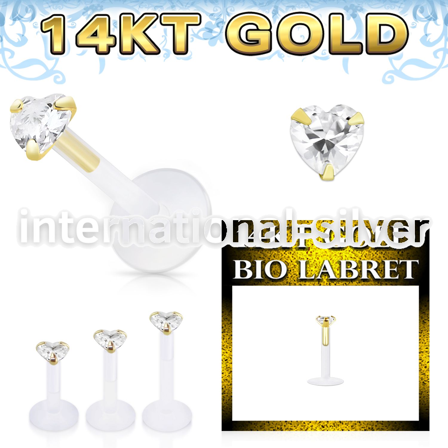 gbizhc bioflex labret with push in 14k gold with heart prong cz