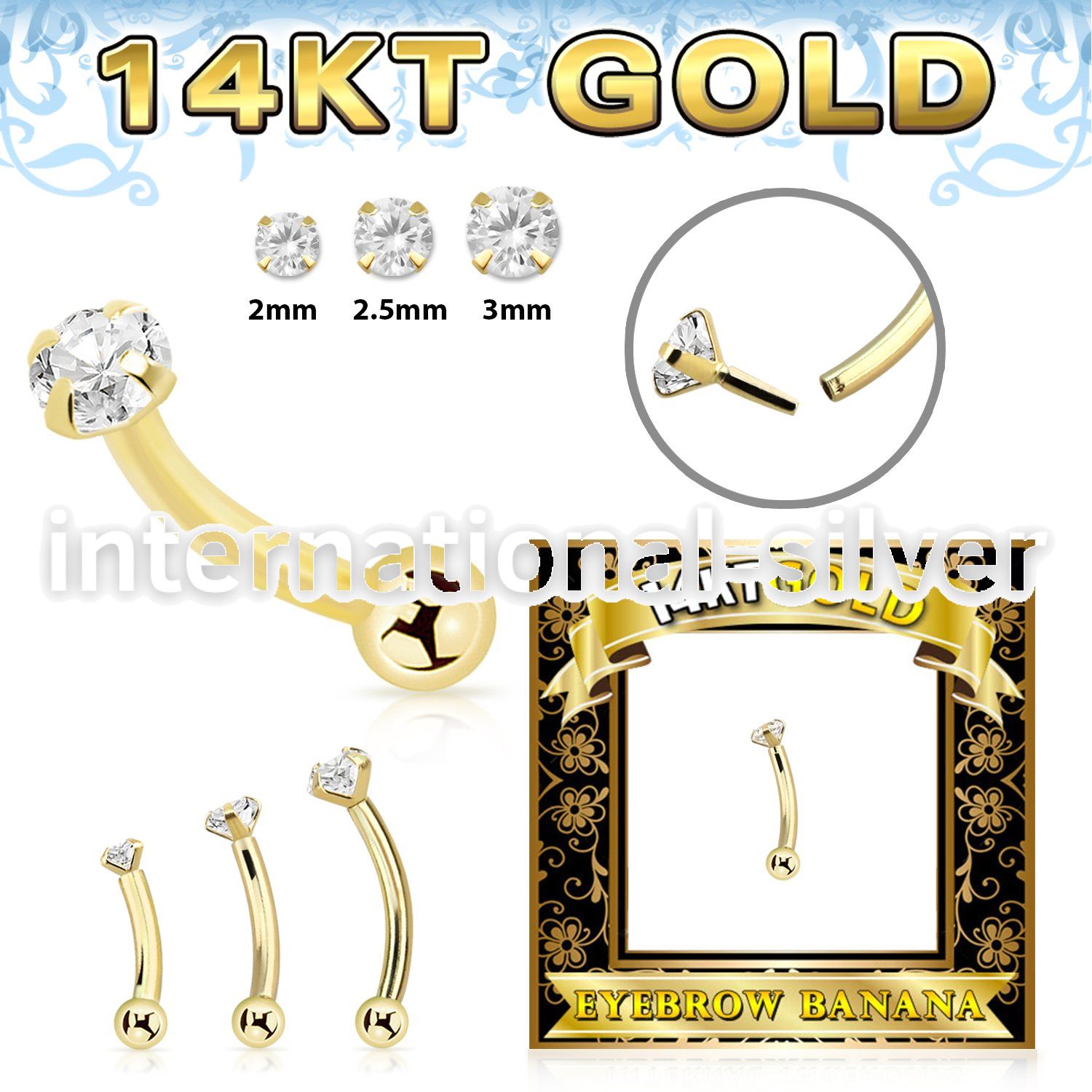 gbnbz 14k gold threadless push in curved barbell 16g cz ball