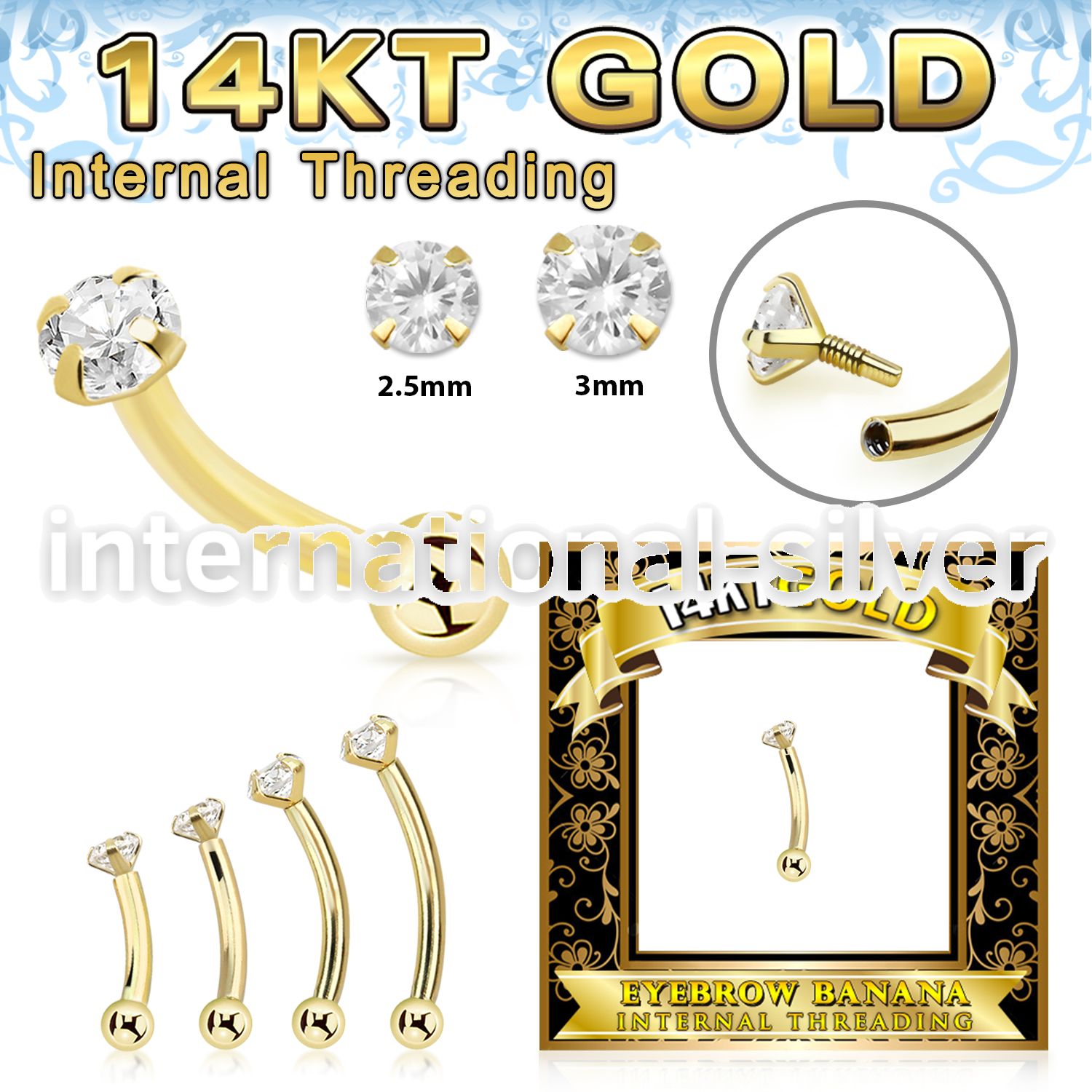 gbnbzi 14 karat gold curved barbell 16g cz ball internal