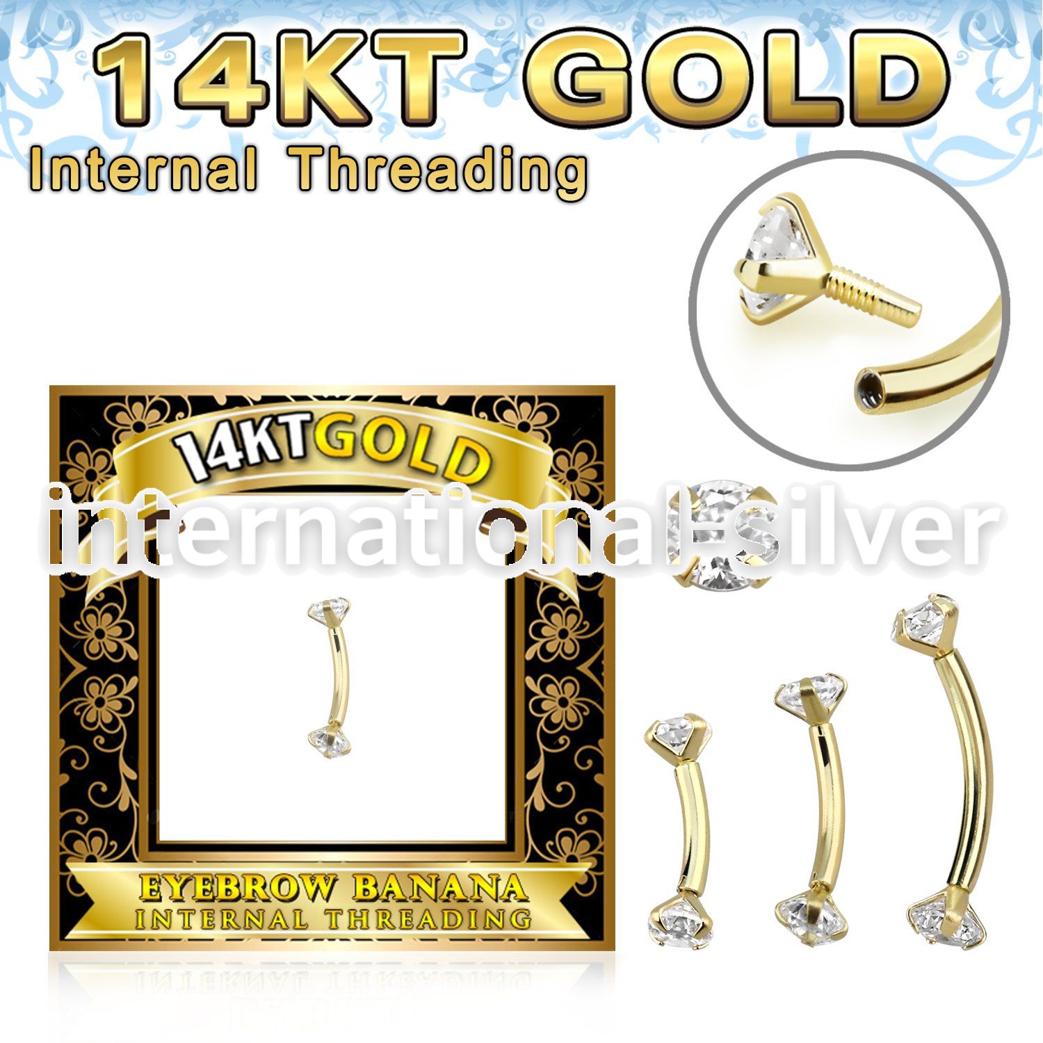 gbnzi 14kt yellow gold eyebrow curved barbell cz internal