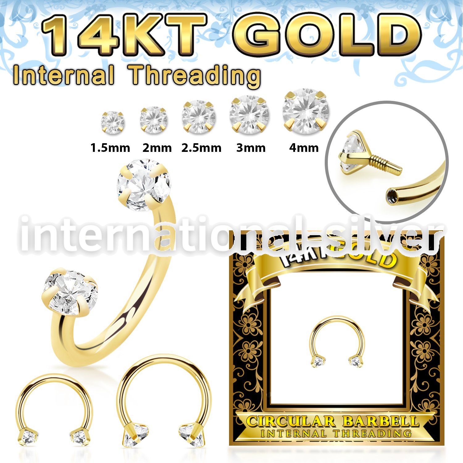 gcbzi 14 karat yellow gold horseshoe 16g cz internal