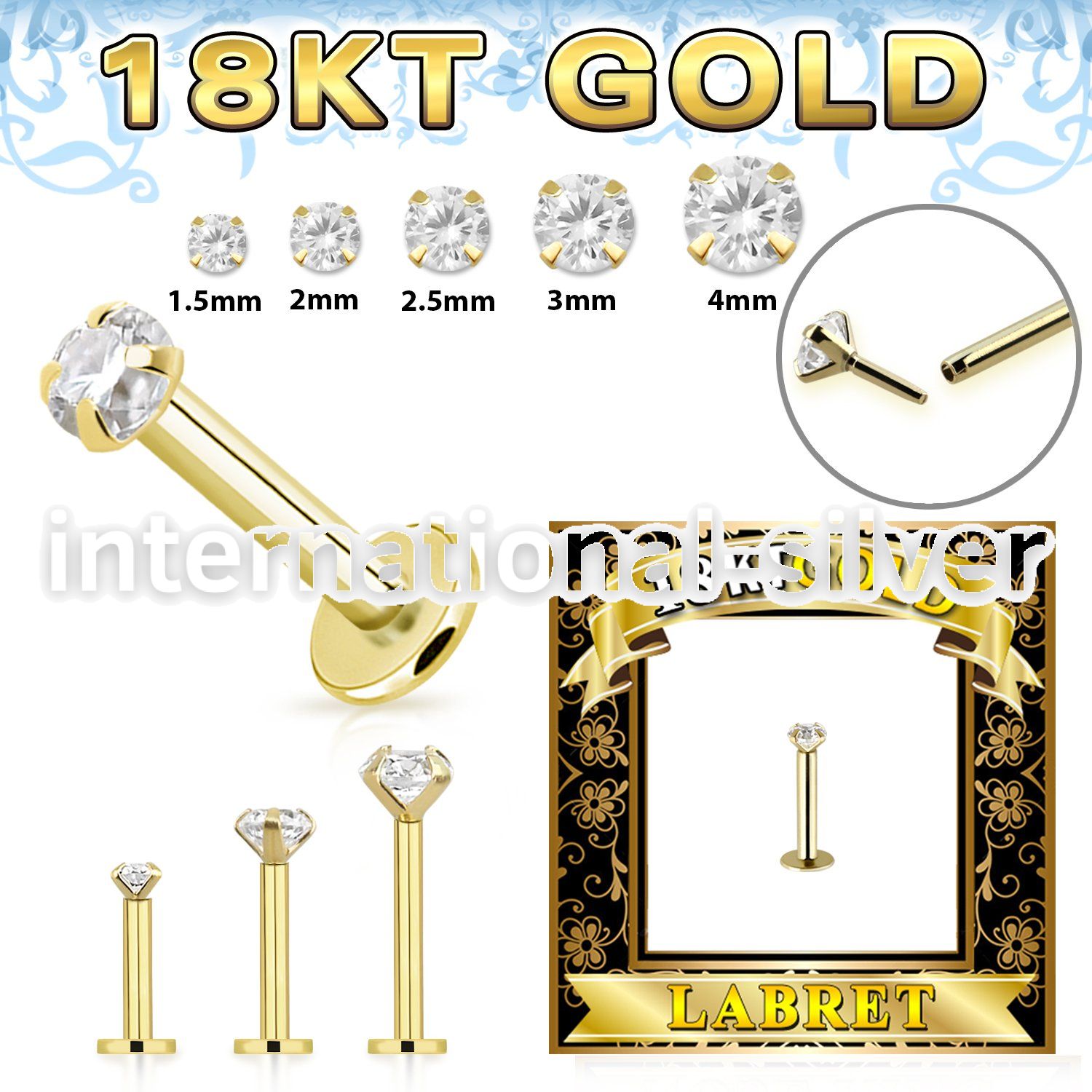 gglbz 18 k gold threadless push in labret stud 16g cz