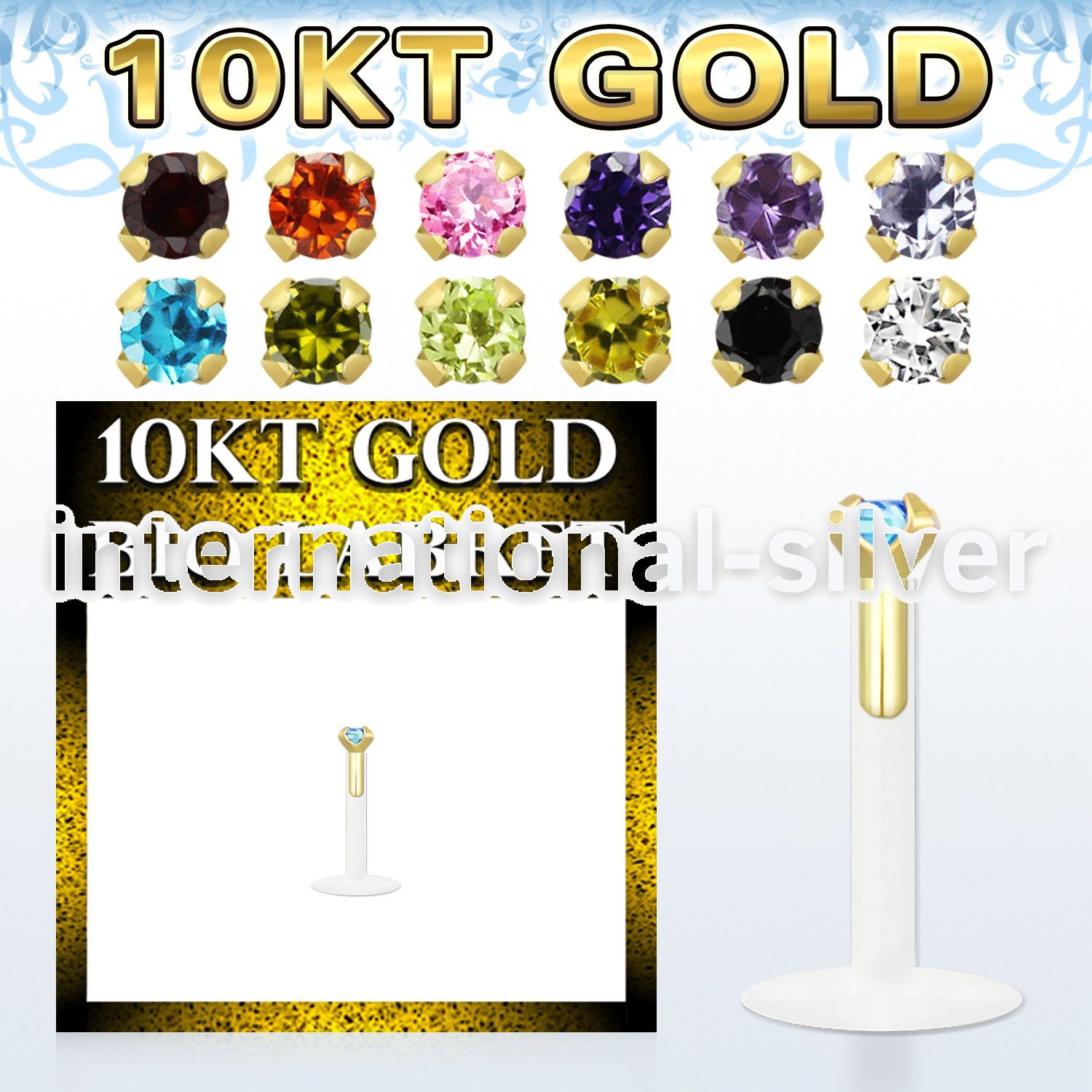 gibilzm bioflex labret with push in 10kt gold w round prong cz