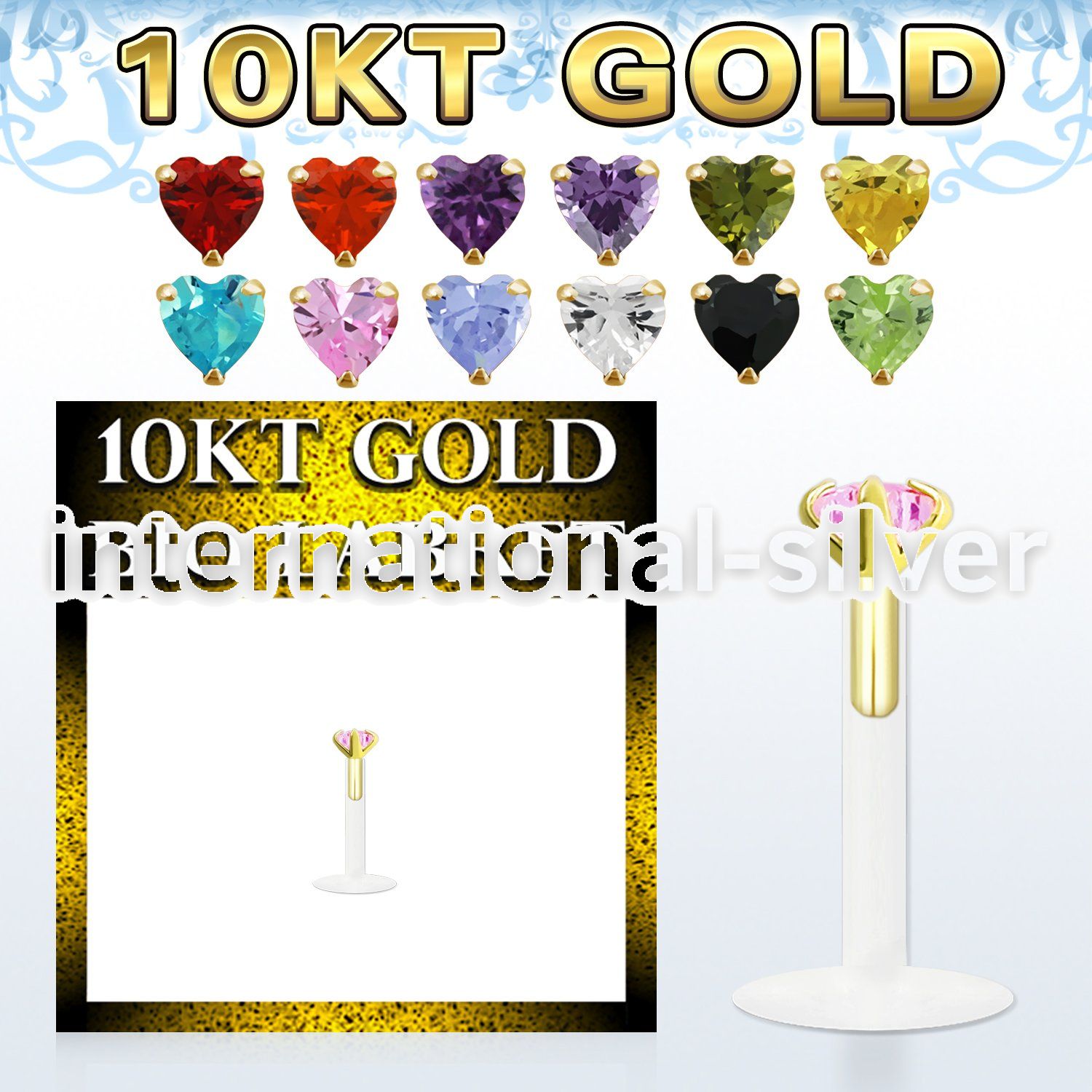 gibizhm clear bioflex labret with push in gold w heart prong cz