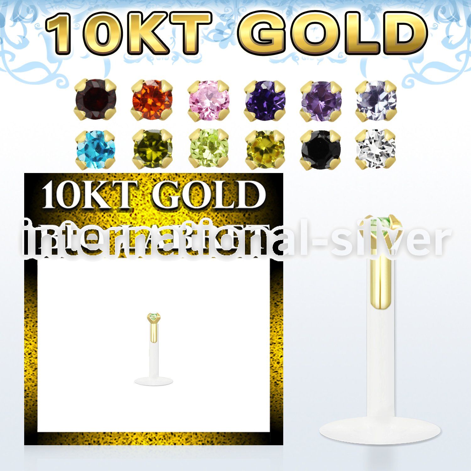 gibizms bio flex labret w 10kt gold top w 1.5mm round cz stone