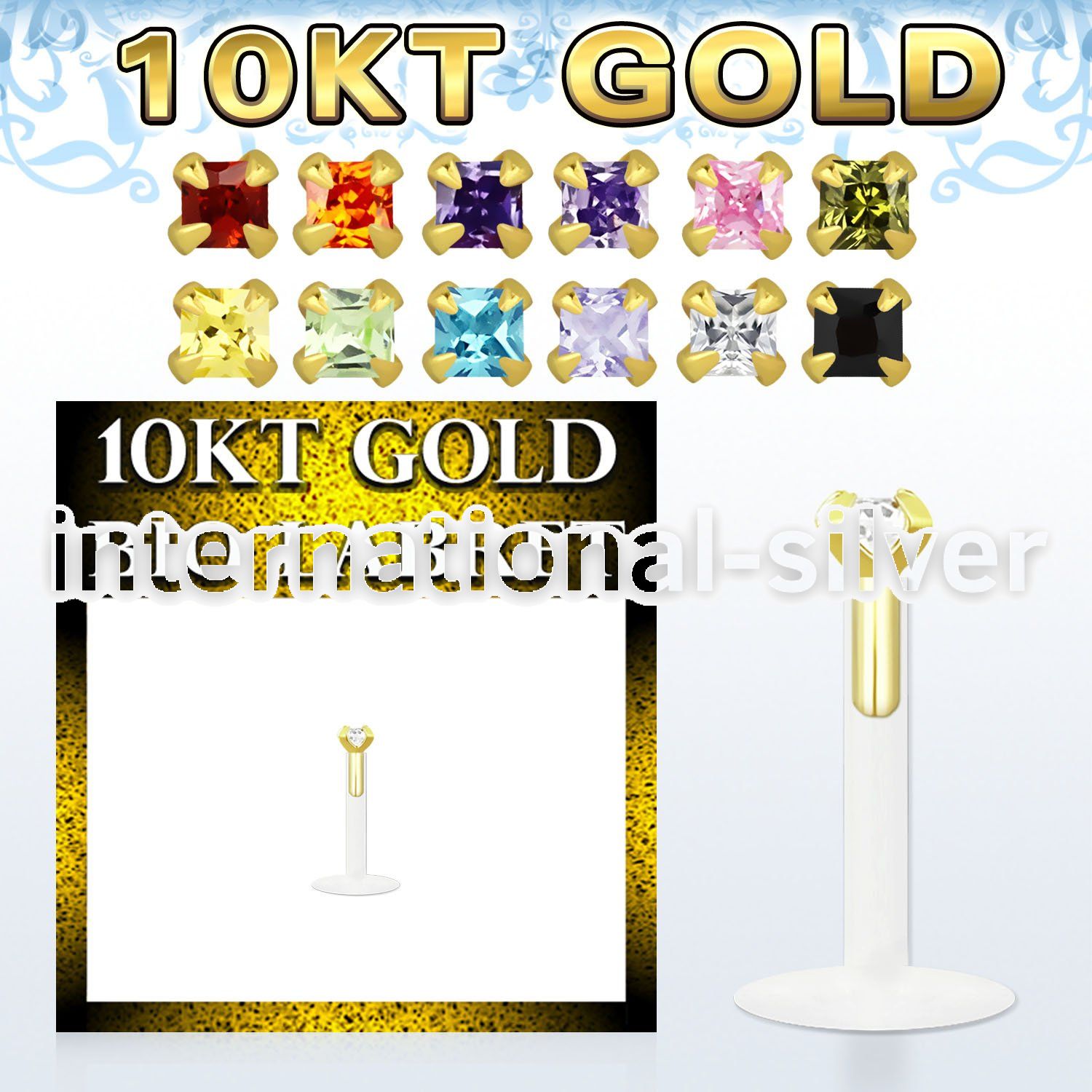 gibizqm bioflex labret with push in gold w square prong set cz